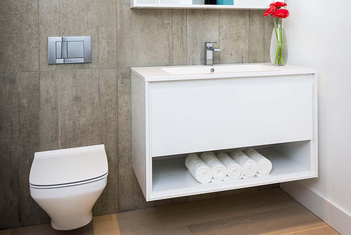 MC 1000H floating white bathroom vanity with shadow box bottom