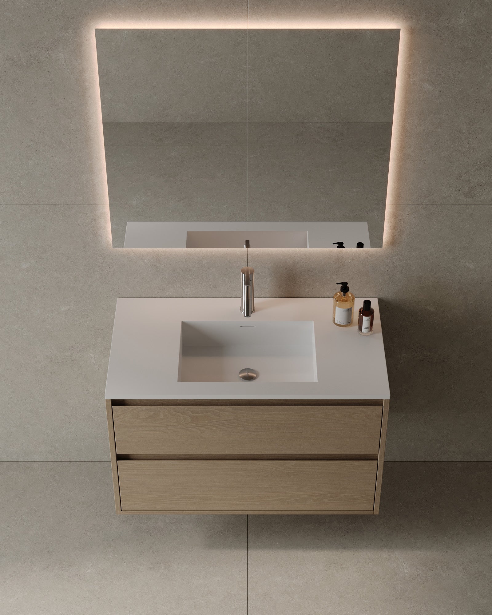 36" Wall-Mounted Wood Veneer Vanity With Solid Surface Basin