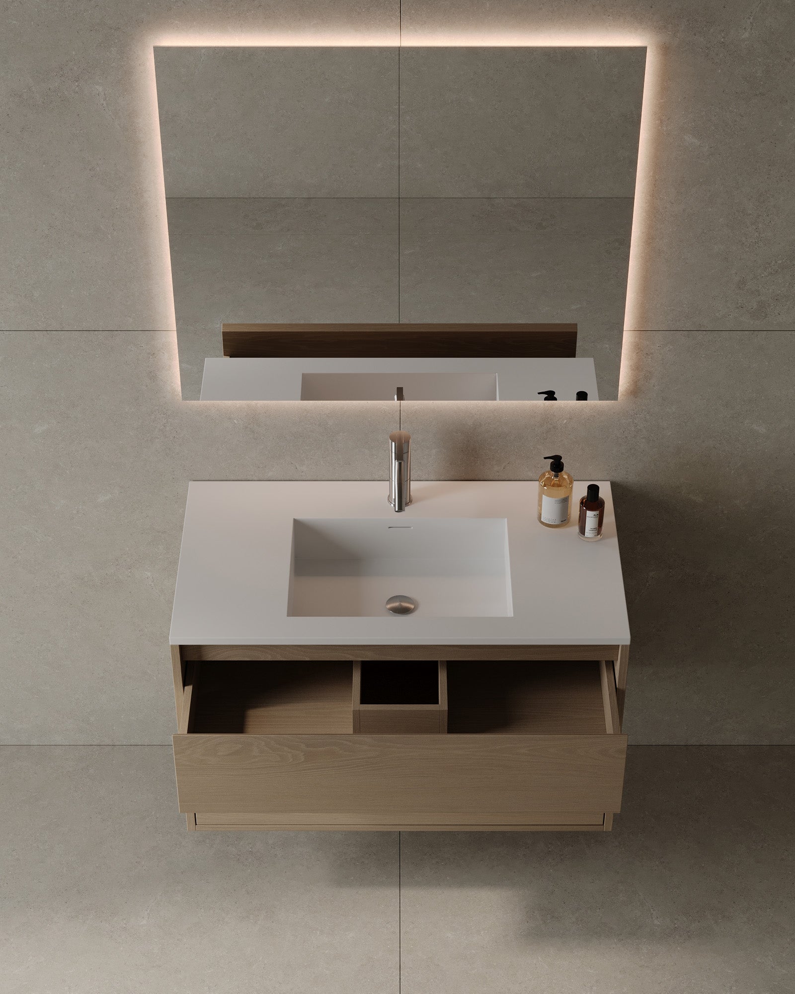 Meuble-lavabo mural en placage de bois de 91 cm avec vasque en surface solide