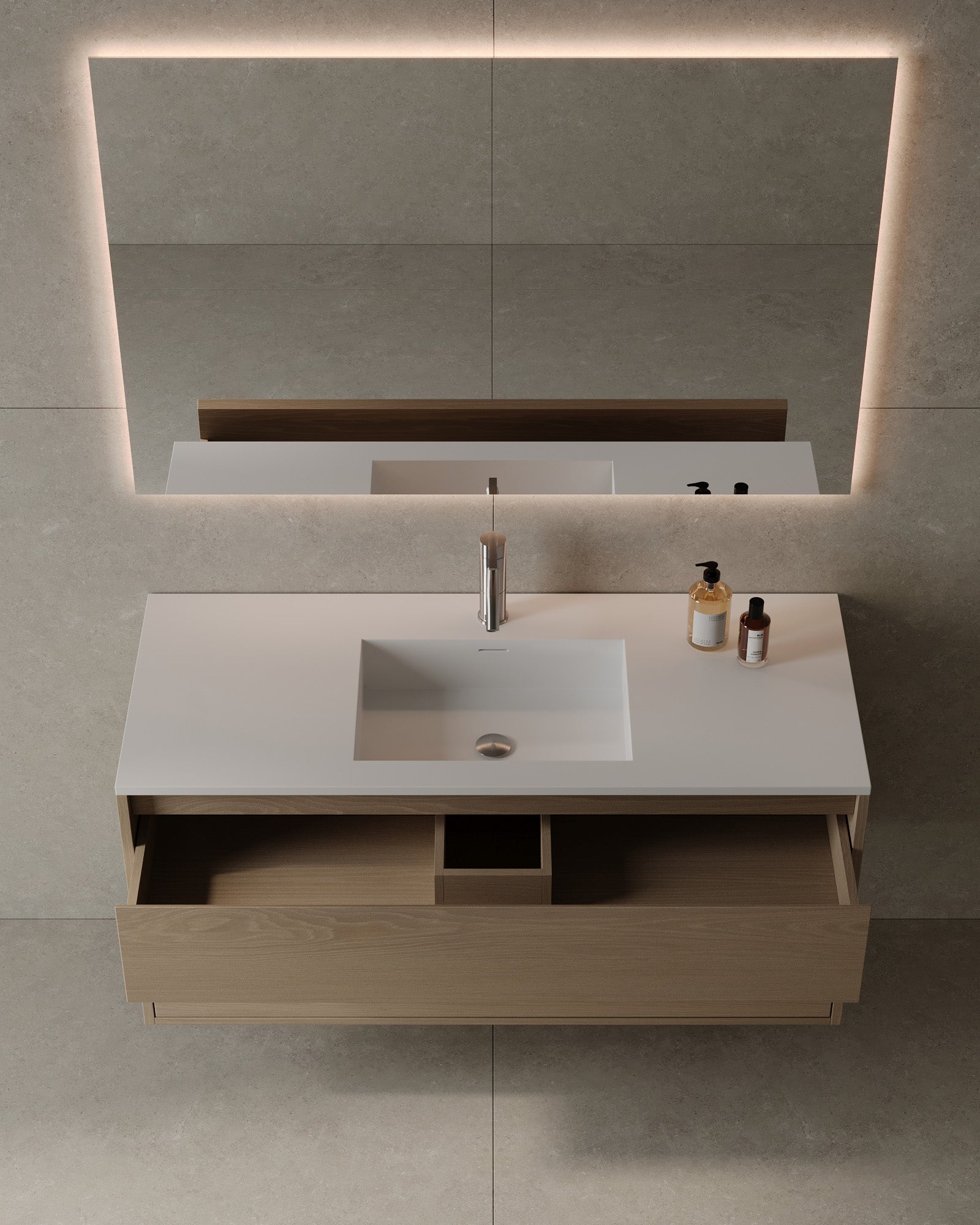 Meuble-lavabo mural en placage de bois de 47 po avec vasque en surface solide