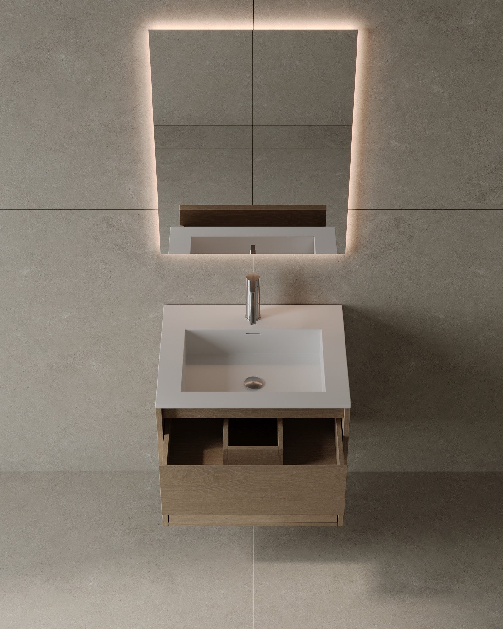 Meuble-lavabo mural en placage de bois de 24 po avec vasque en surface solide