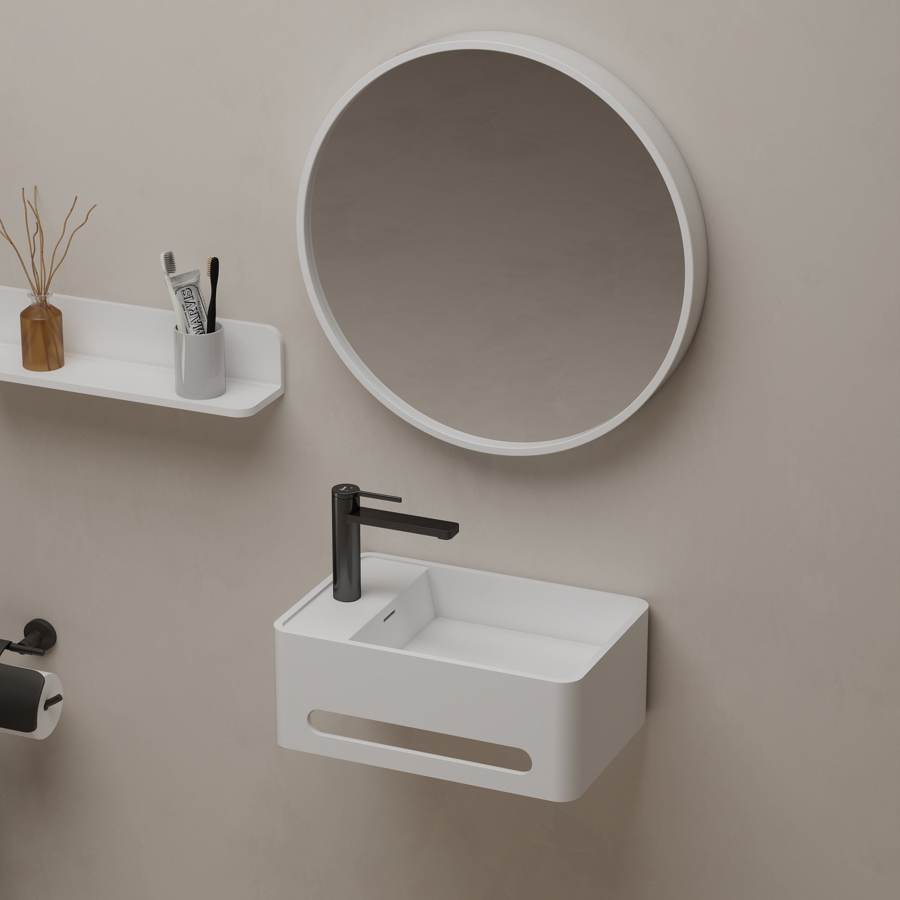 Lavabo de salle de bain mural en pierre de 15 po, blanc mat
