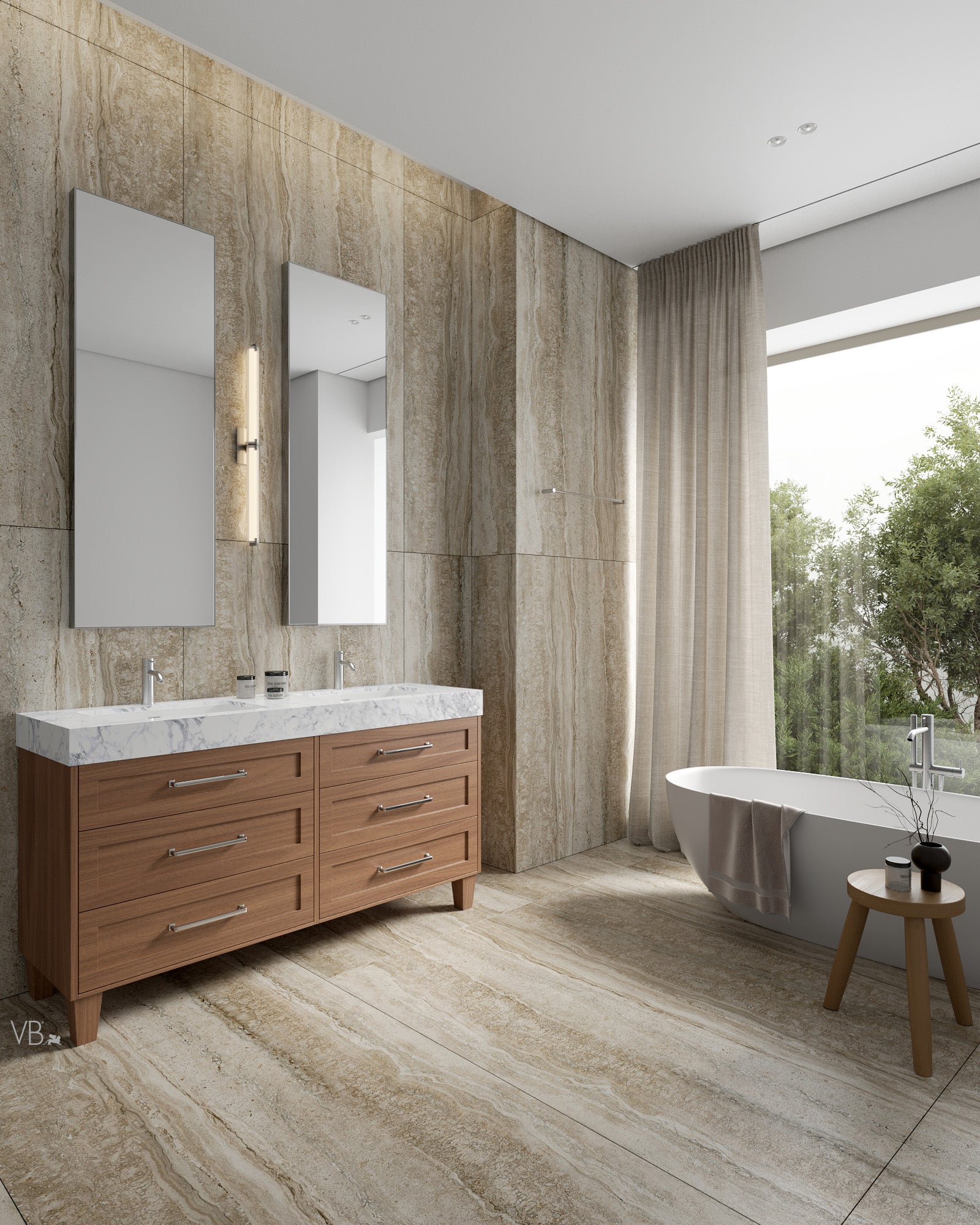 60" Freestanding Wood Veneer Vanity with Carrara Marble Countertop
