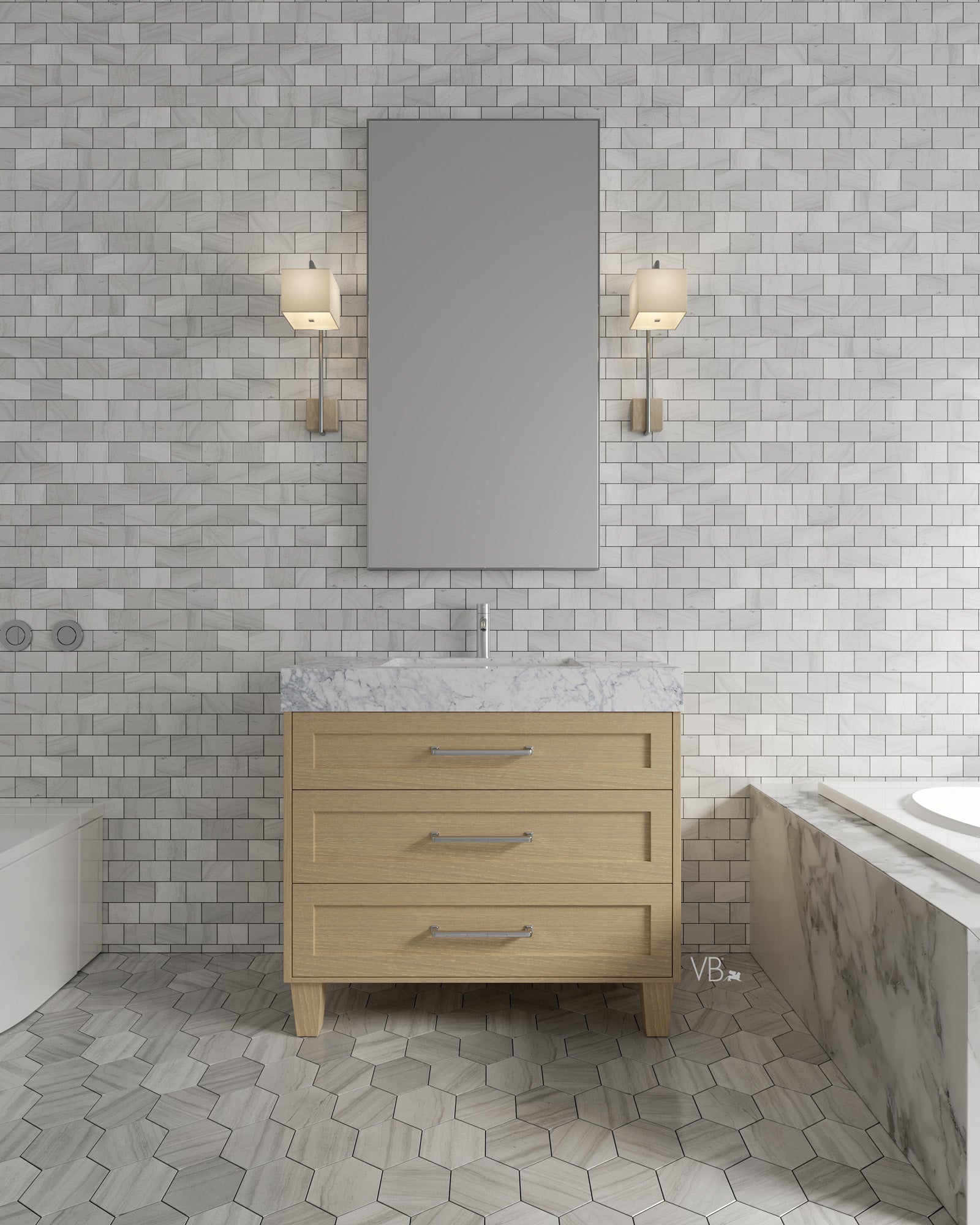 36" Freestanding Wood Veneer Vanity with Carrara Marble Countertop