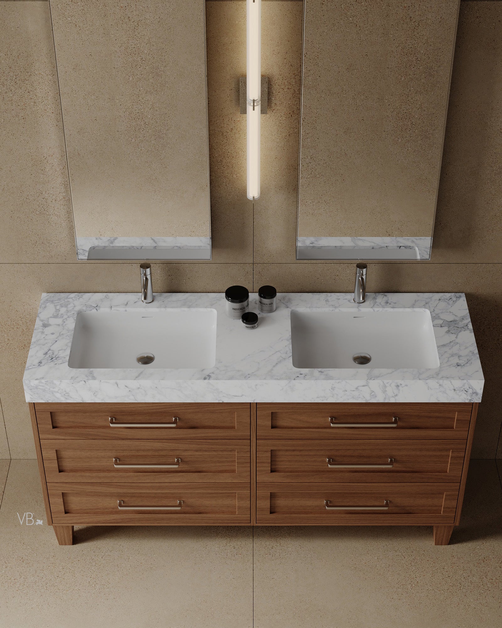 60" Freestanding Wood Veneer Vanity with Carrara Marble Countertop