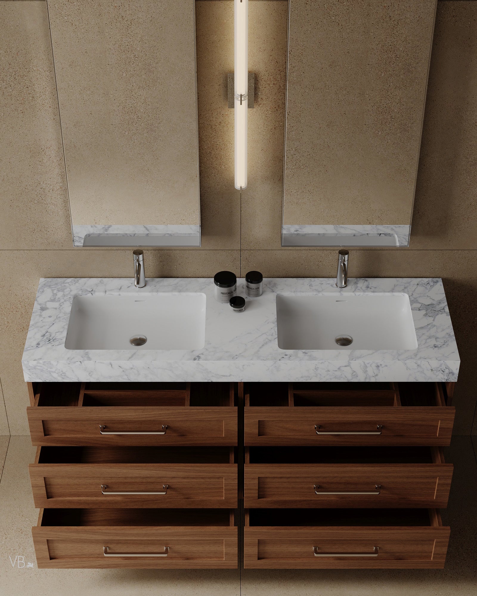 60" Freestanding Wood Veneer Vanity with Carrara Marble Countertop