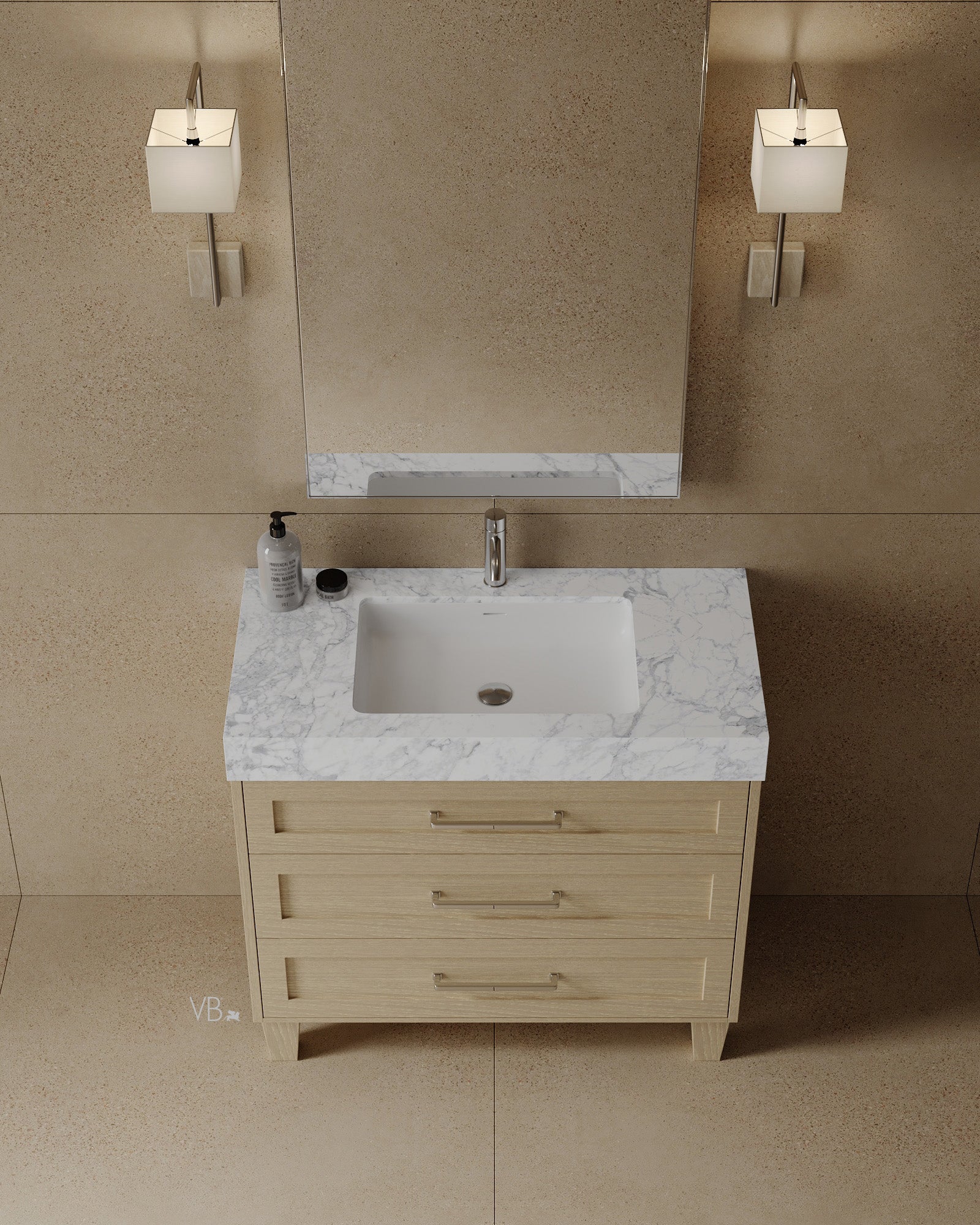 36" Freestanding Wood Veneer Vanity with Carrara Marble Countertop