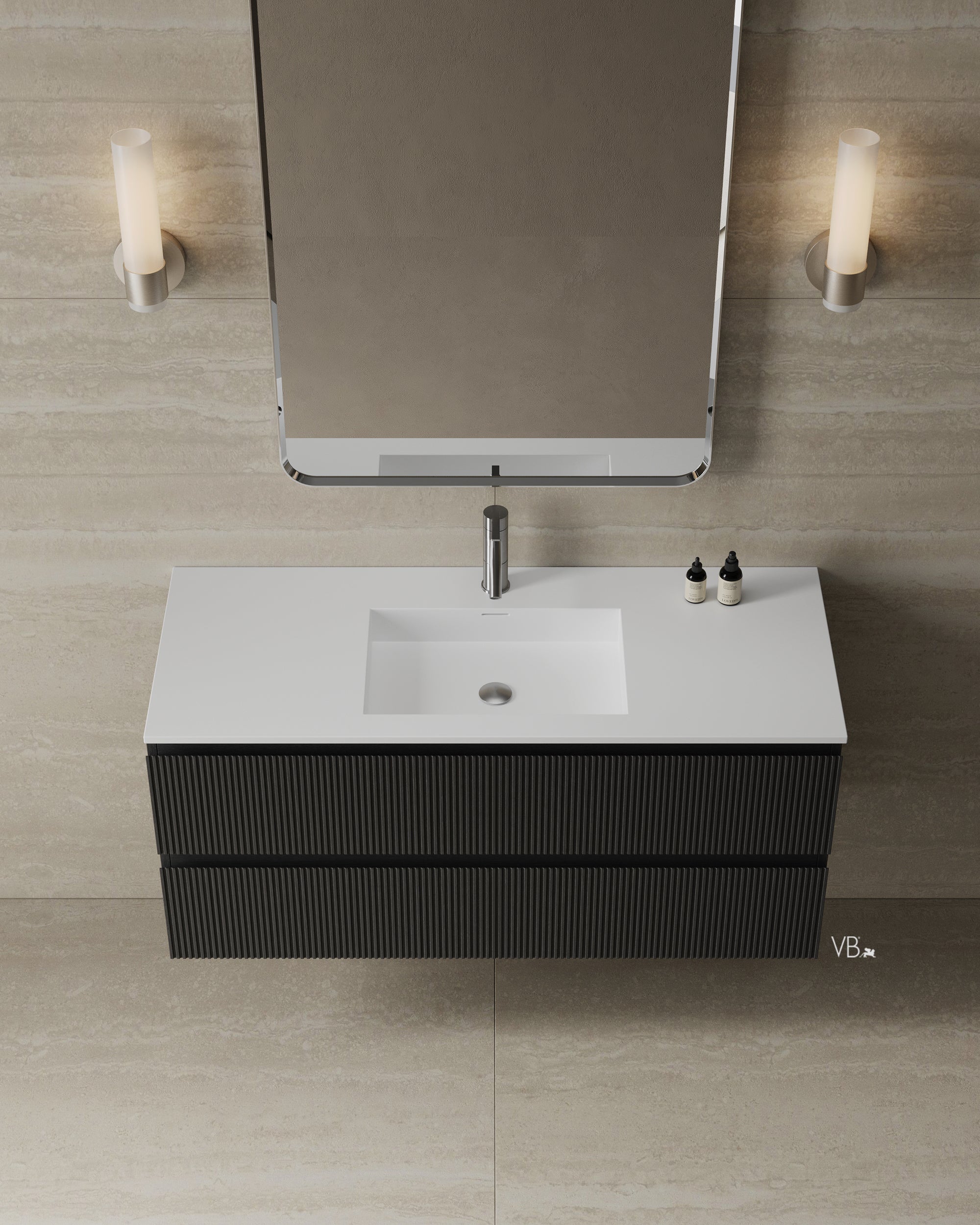 Meuble-lavabo mural en placage de bois de 47 po avec vasque en surface solide