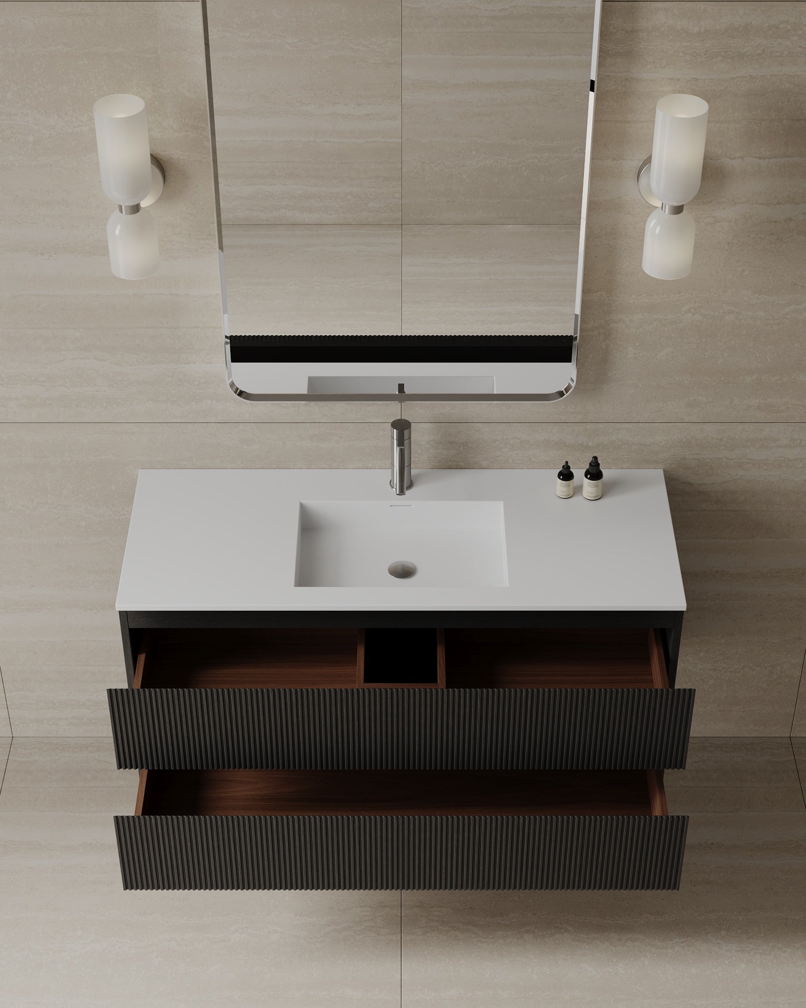 47" Wall-Mounted Wood Veneer Vanity With Solid Surface Basin