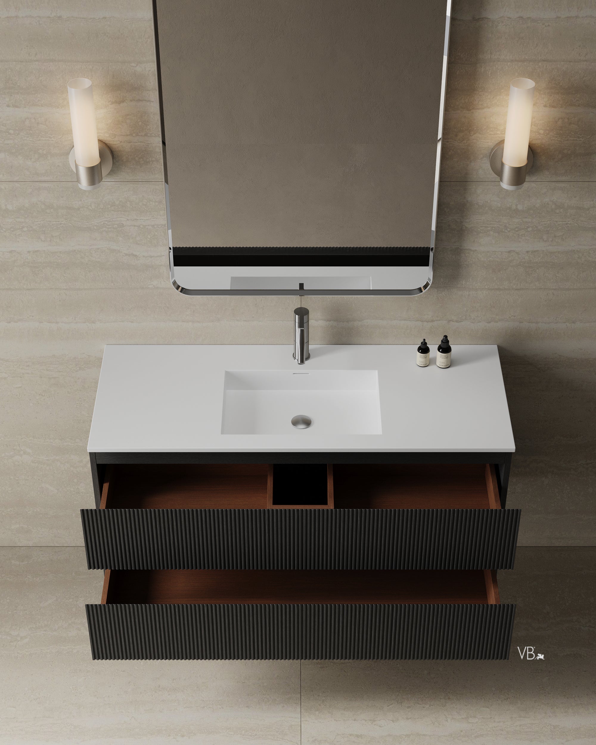 Meuble-lavabo mural en placage de bois de 47 po avec vasque en surface solide