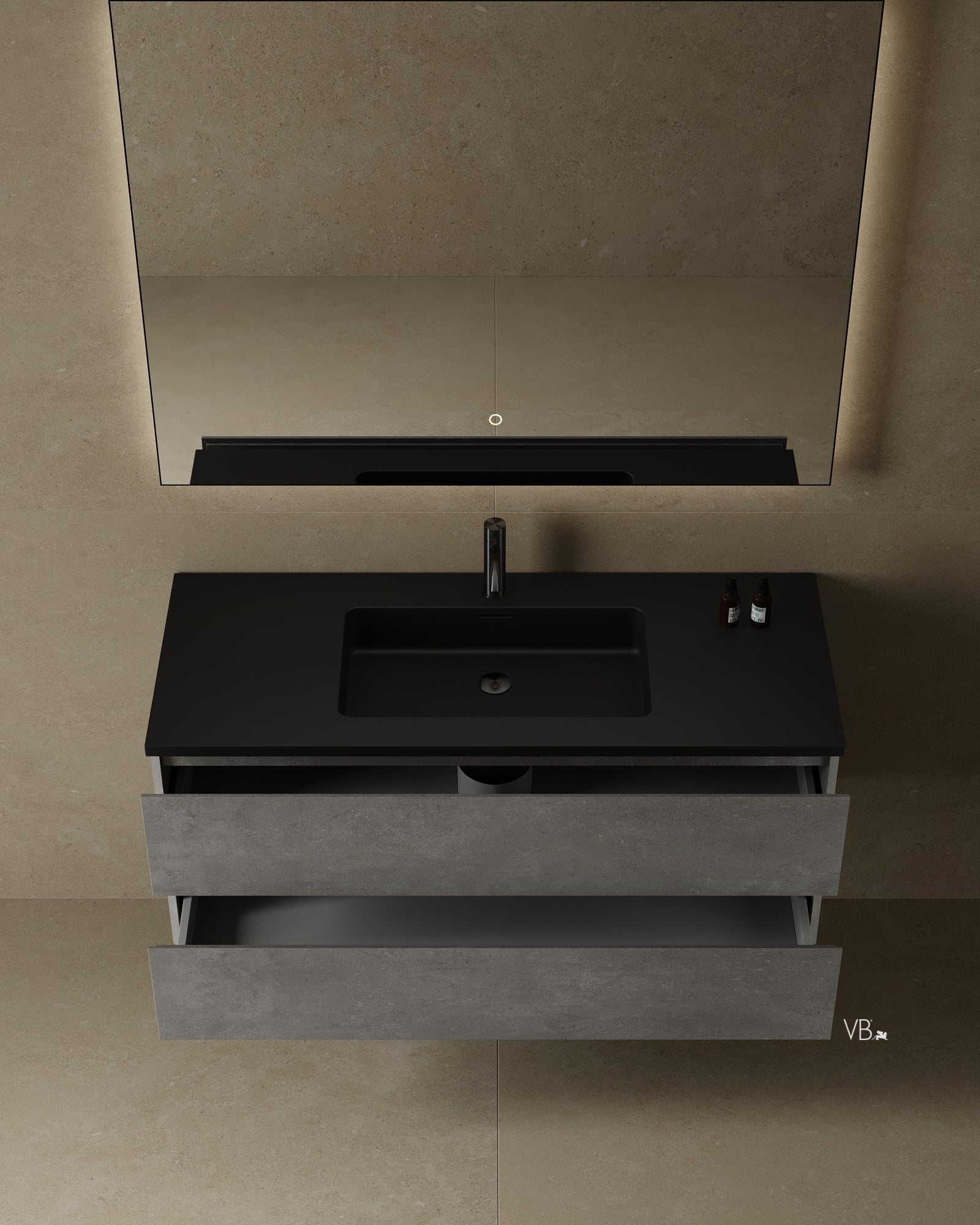 47" Wall Mounted Vanity With Black Countertop & Sink