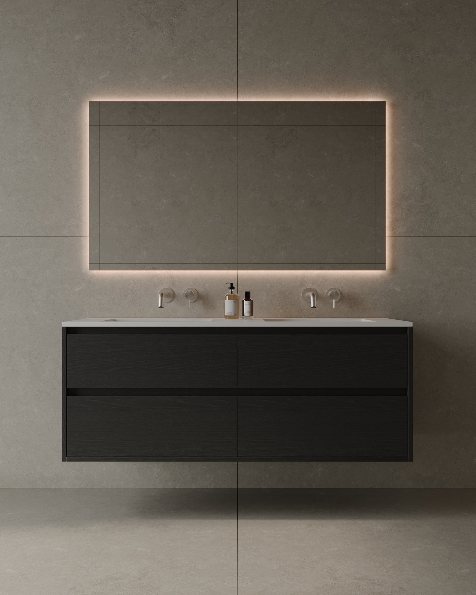 Meuble-lavabo mural double de 55 po en placage de bois avec vasque en surface solide