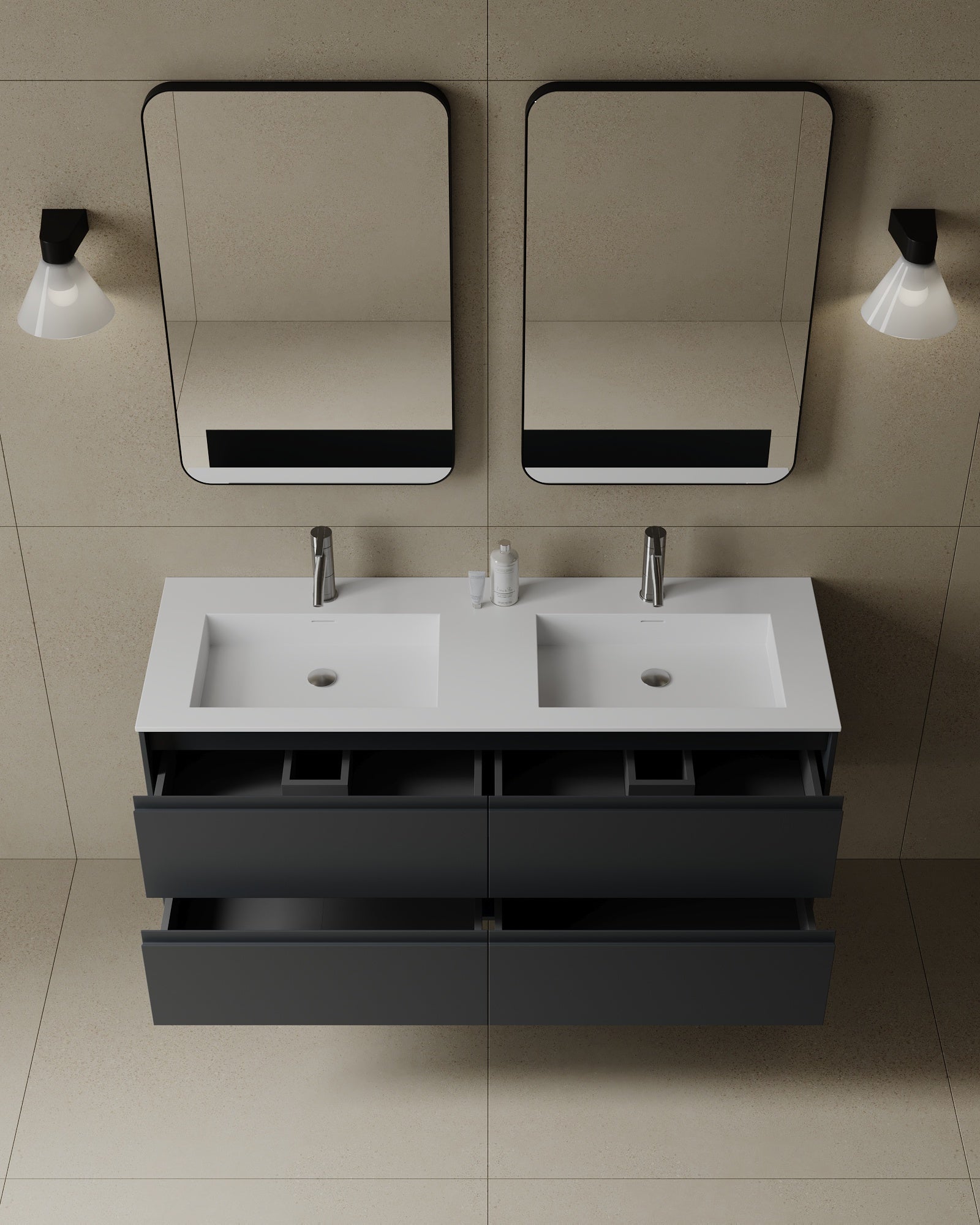 55" Wall-Mounted MDF Vanity with Solid Surface Countertop