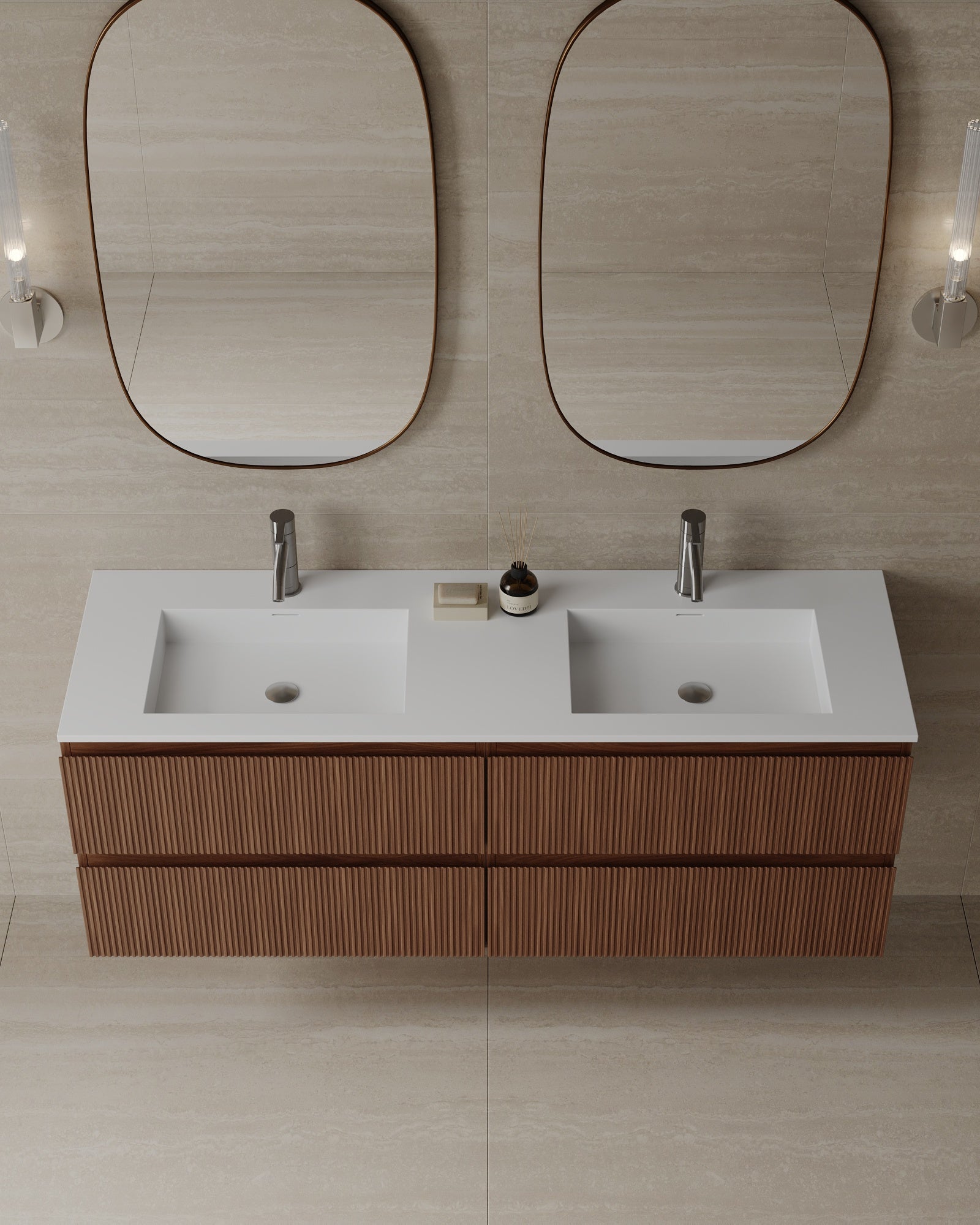 59" Wall-Mounted Wood Veneer Vanity With Solid Surface Basin