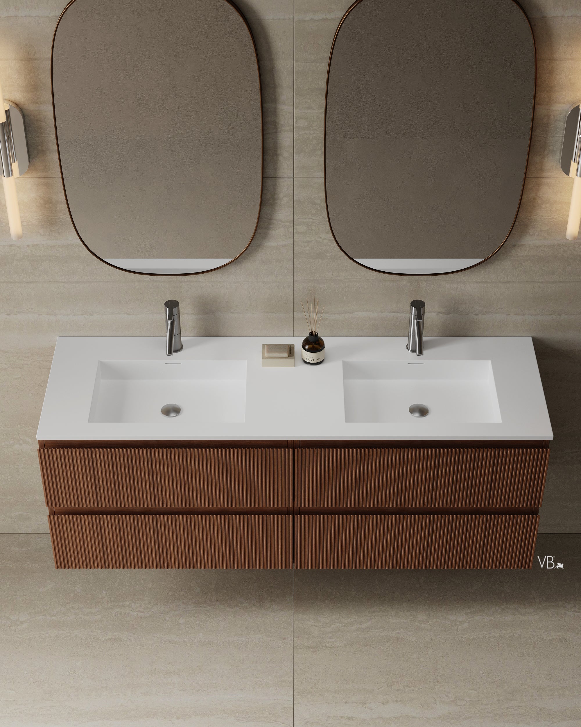 Meuble-lavabo mural en placage de bois de 59 po avec vasque en surface solide