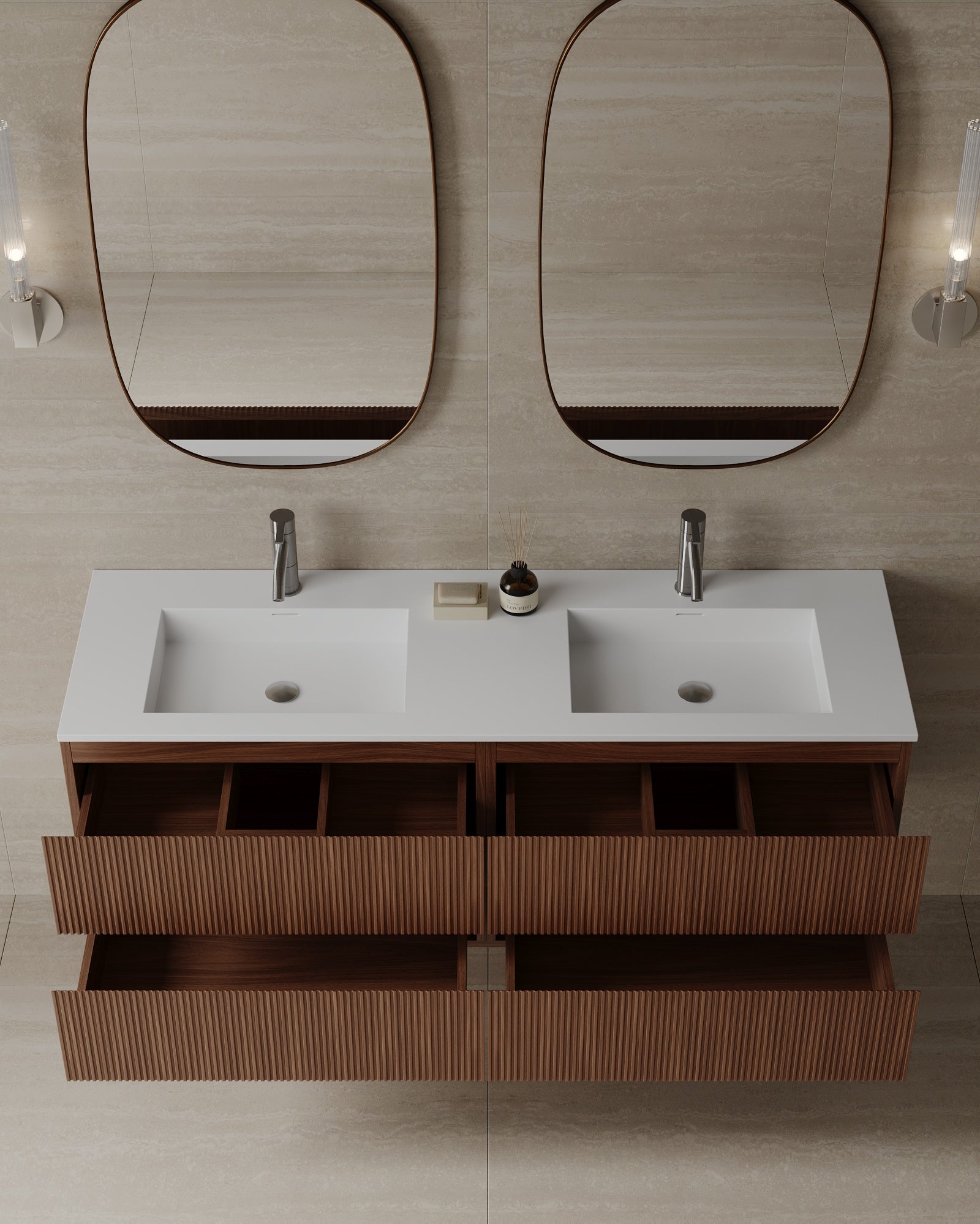 59" Wall-Mounted Wood Veneer Vanity With Solid Surface Basin