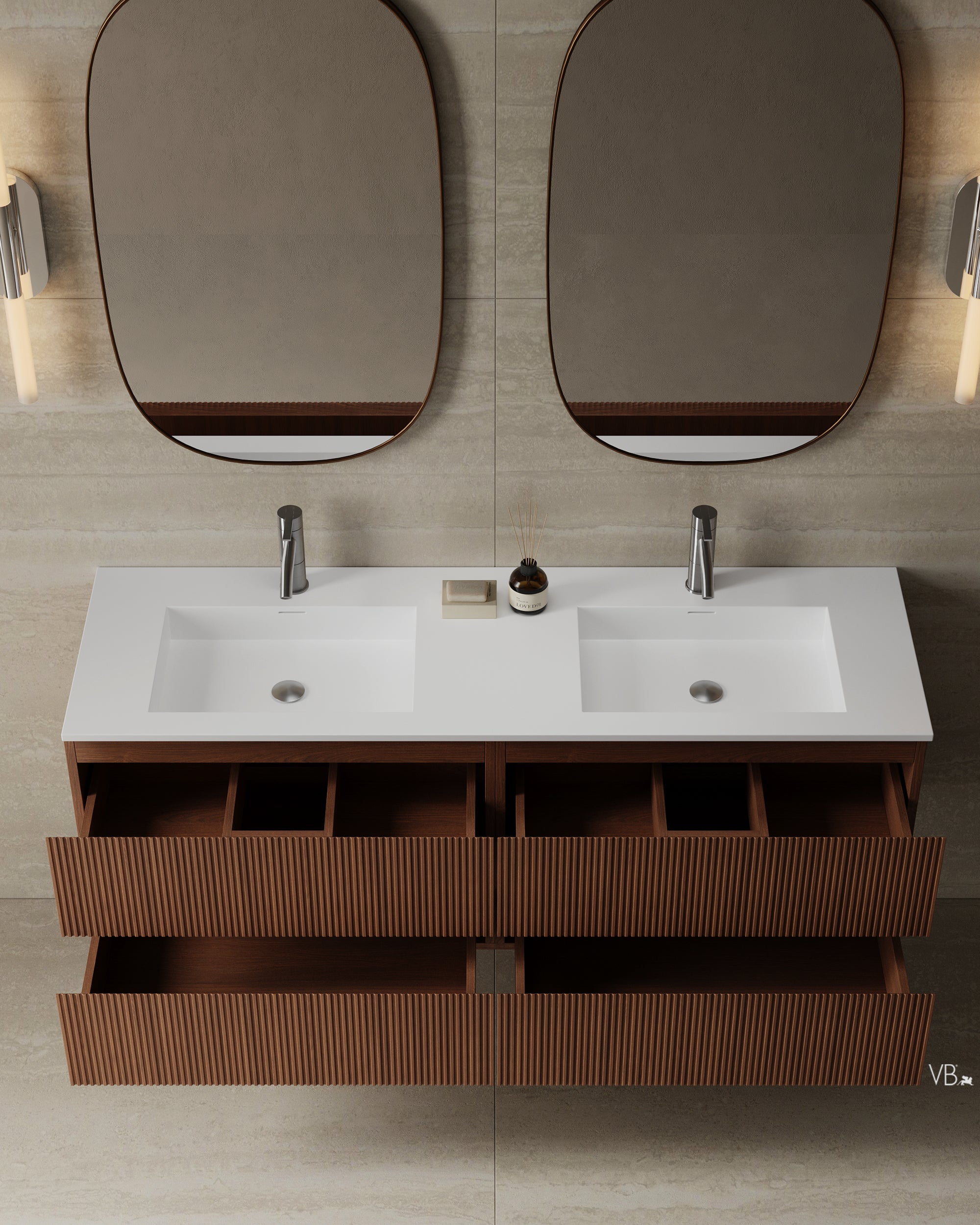 Meuble-lavabo mural en placage de bois de 59 po avec vasque en surface solide