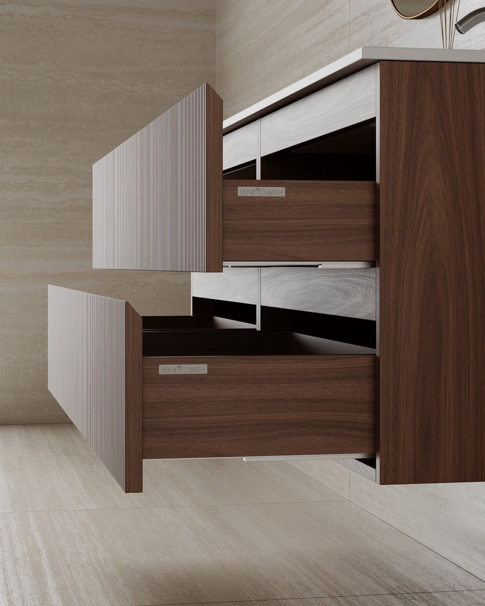 59" Wall-Mounted Wood Veneer Vanity With Solid Surface Basin