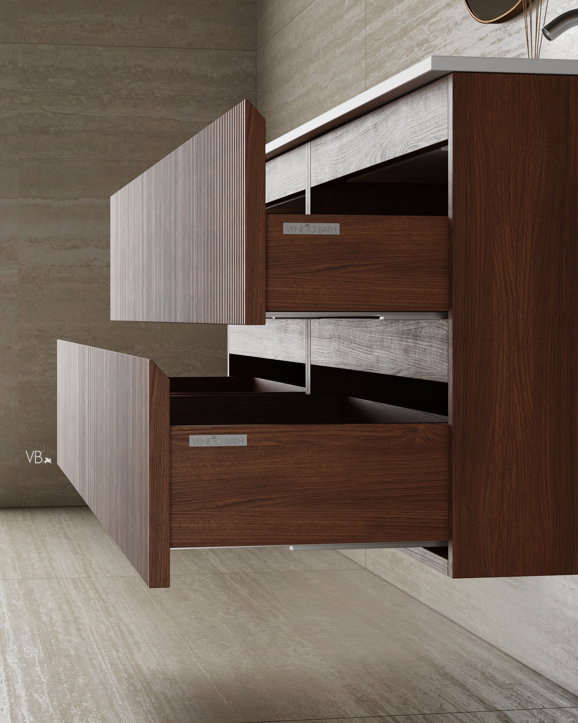 Meuble-lavabo mural en placage de bois de 59 po avec vasque en surface solide