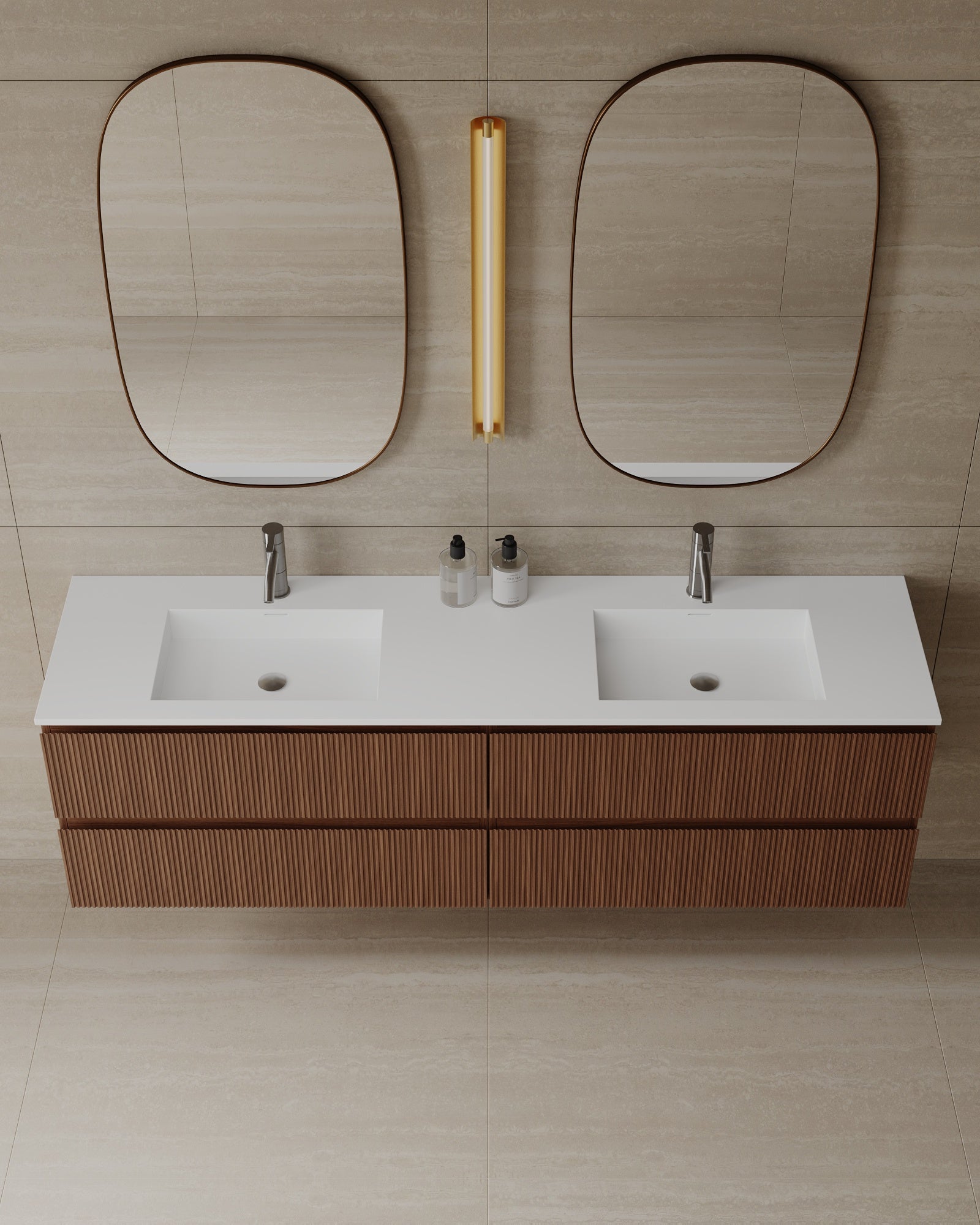 72" Wall-Mounted Wood Veneer Vanity With Solid Surface Basin