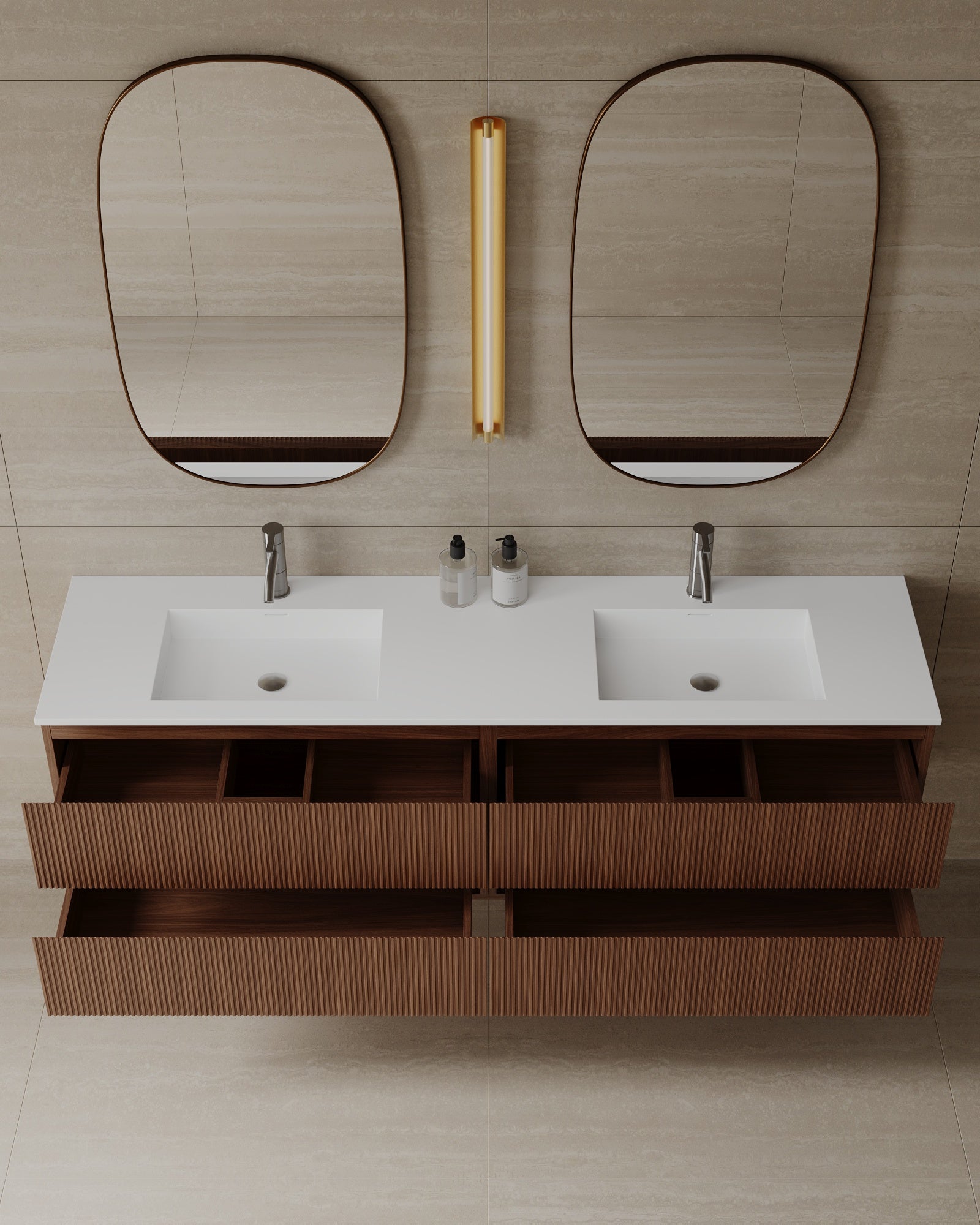 72" Wall-Mounted Wood Veneer Vanity With Solid Surface Basin