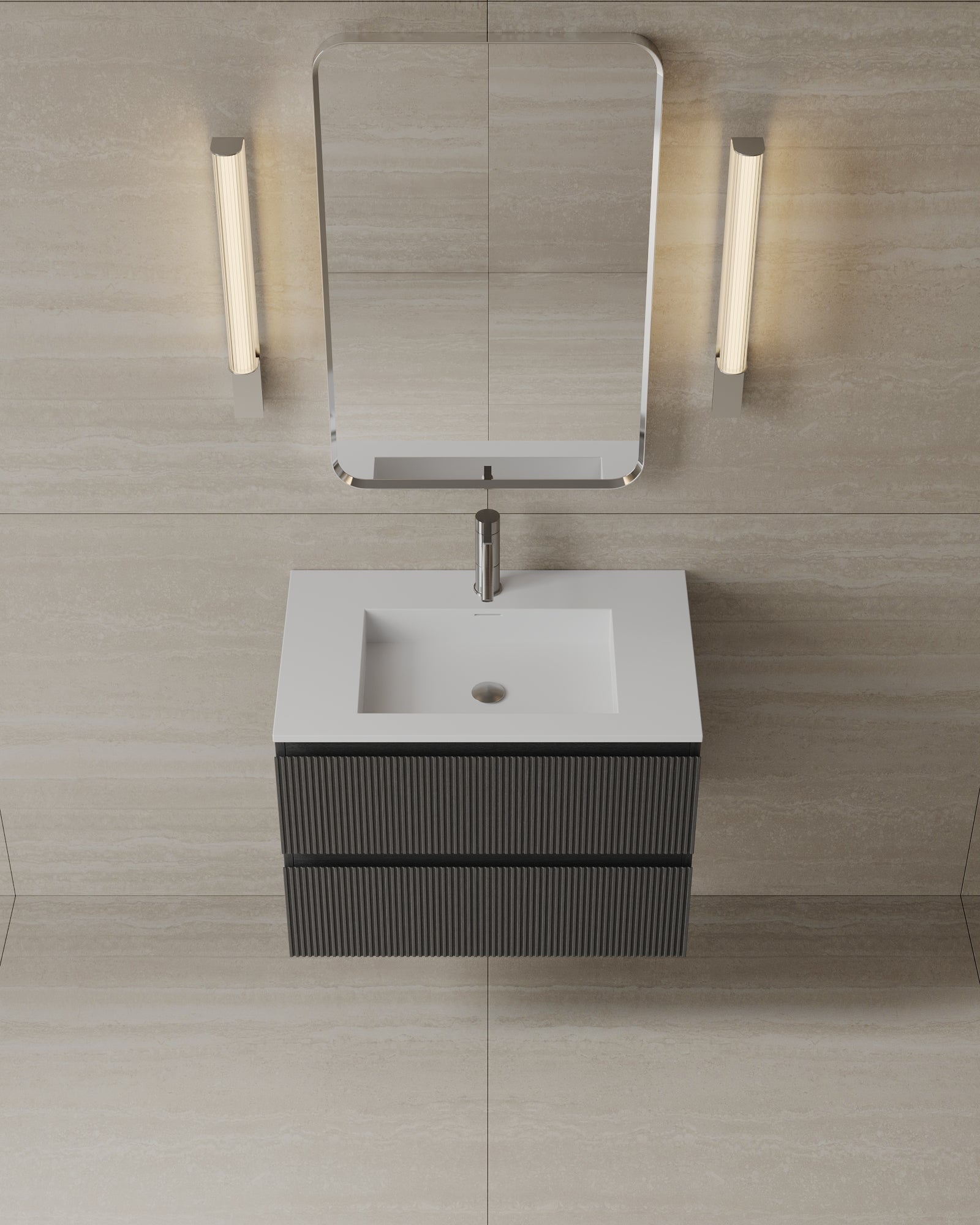30" Wall-Mounted Wood Veneer Vanity With Solid Surface Basin