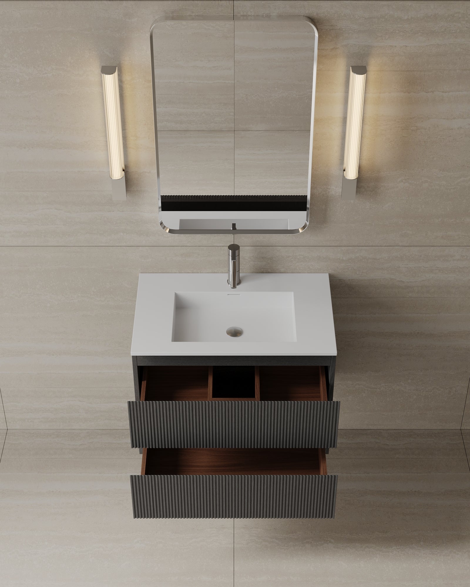 30" Wall-Mounted Wood Veneer Vanity With Solid Surface Basin