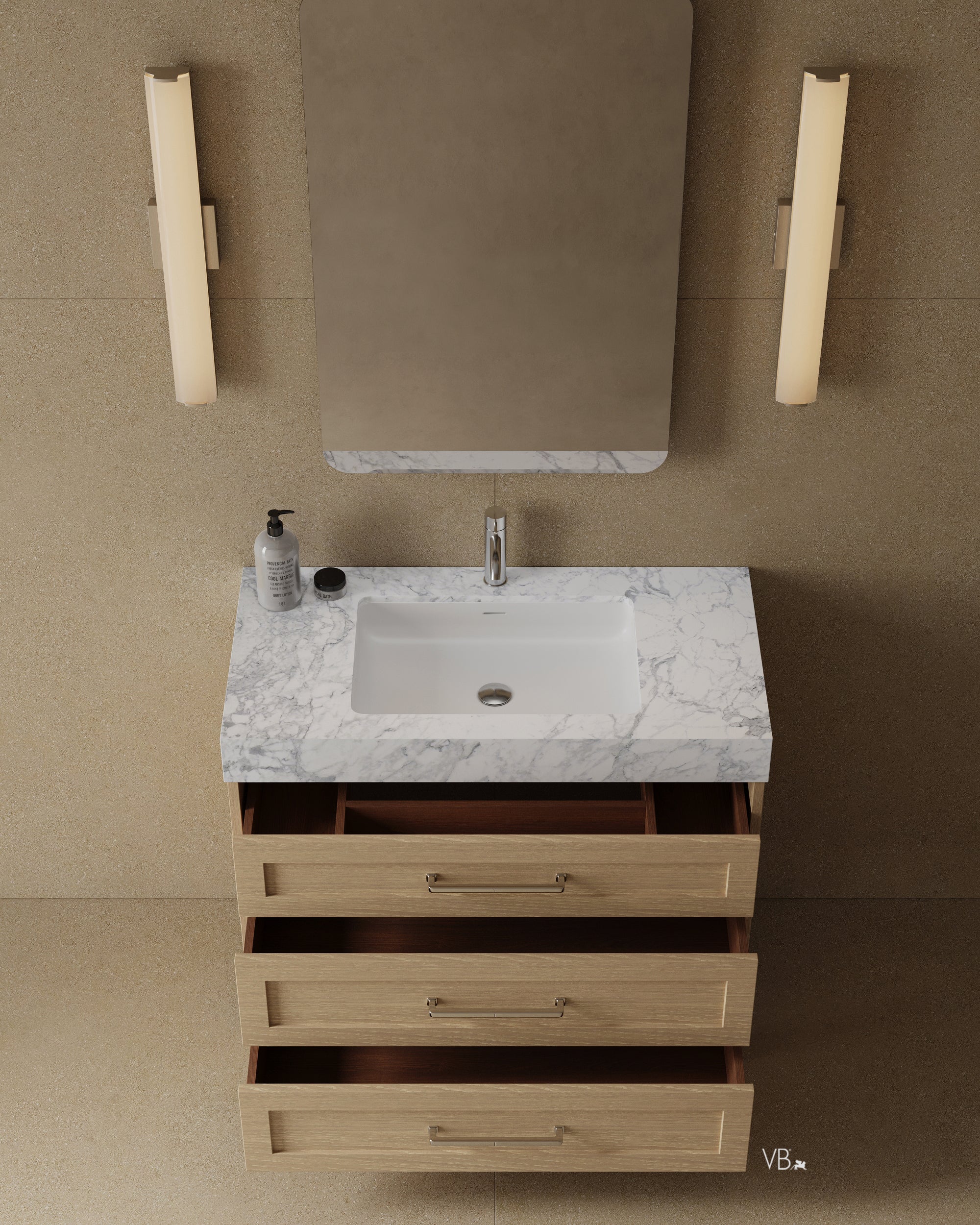 36" Freestanding Wood Veneer Vanity with Carrara Marble Countertop