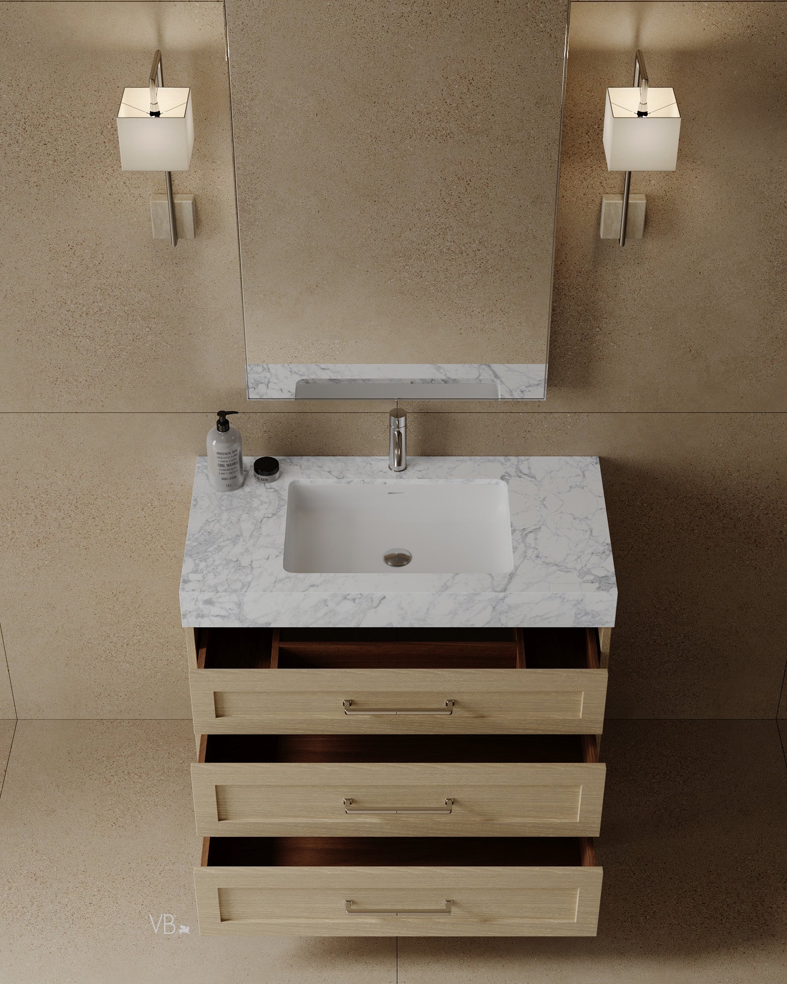 36" Freestanding Wood Veneer Vanity with Carrara Marble Countertop