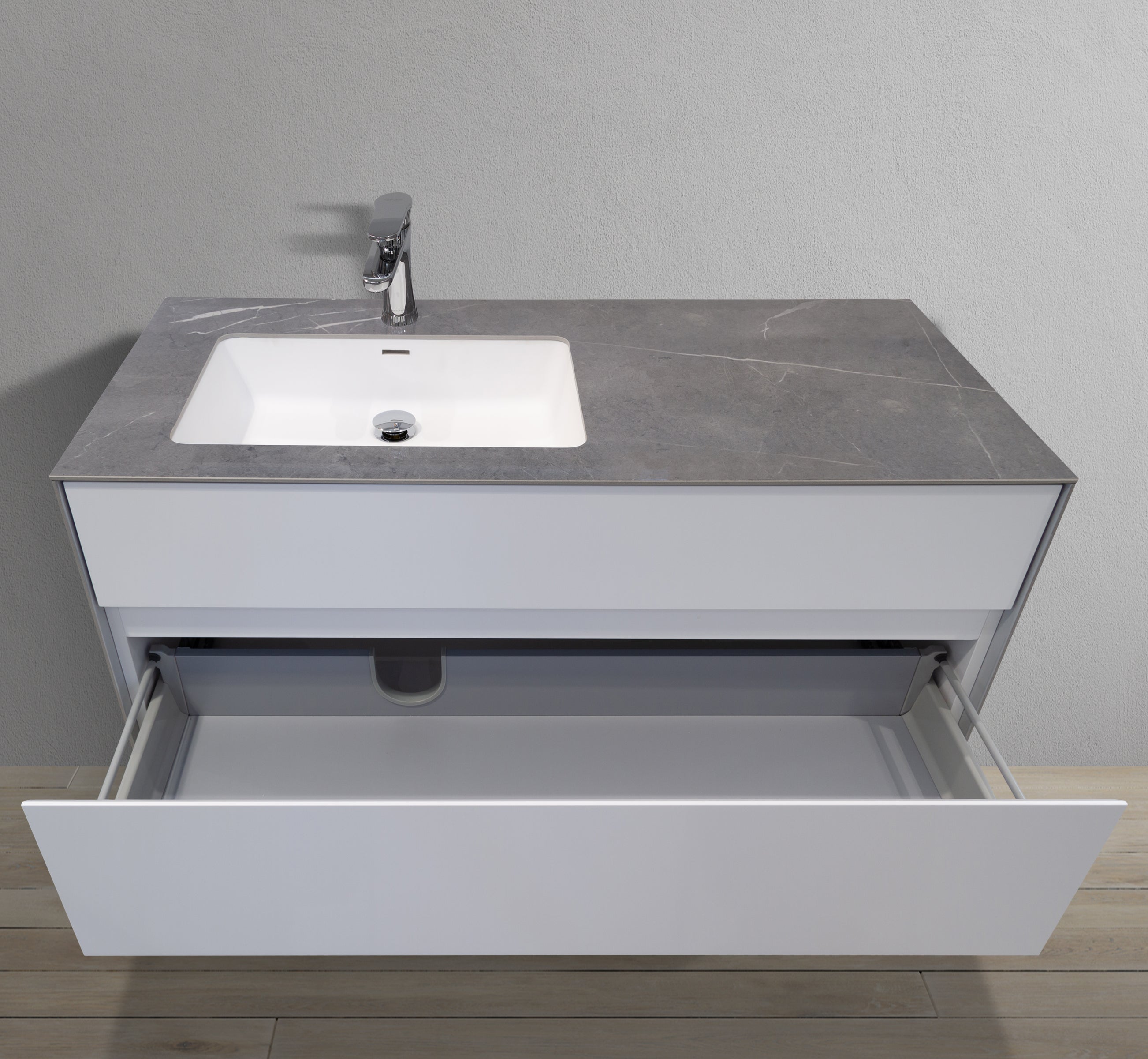 MC 1200P top basin view with bottom drawer open
#color_pietra_grey_porcelain