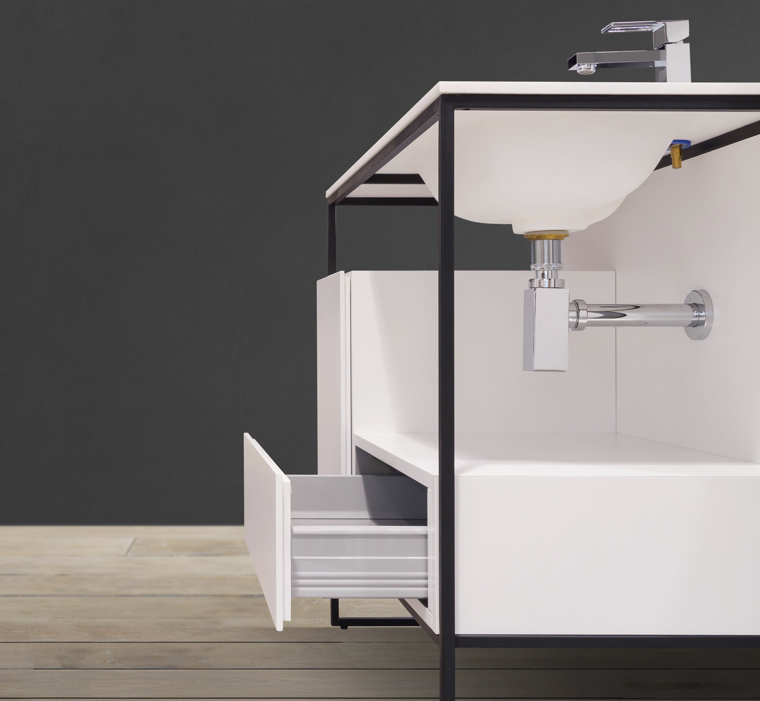 MC 2701 side view with drawer open and P trap exposed