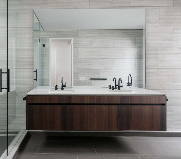 dark wood floating modern bathroom vanity with large mirror