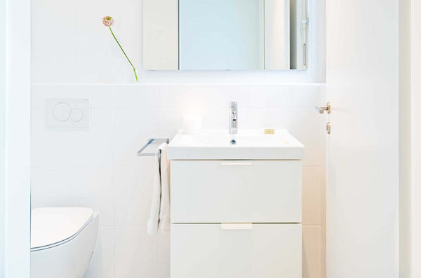 white powder room with white vanity, toilet and mirror