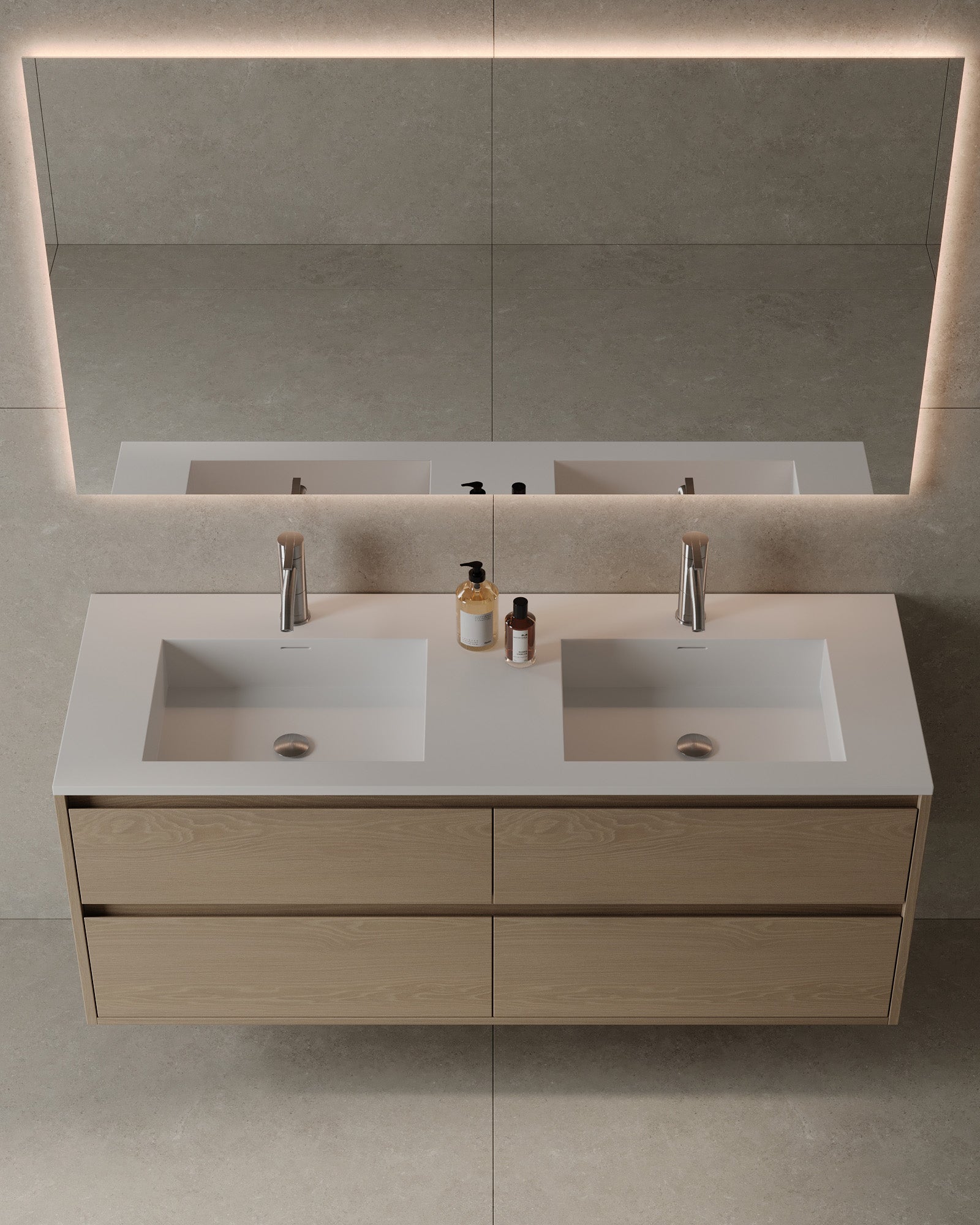 55" Double Sink Wall-Mounted Wood Veneer Vanity With Solid Surface Basin