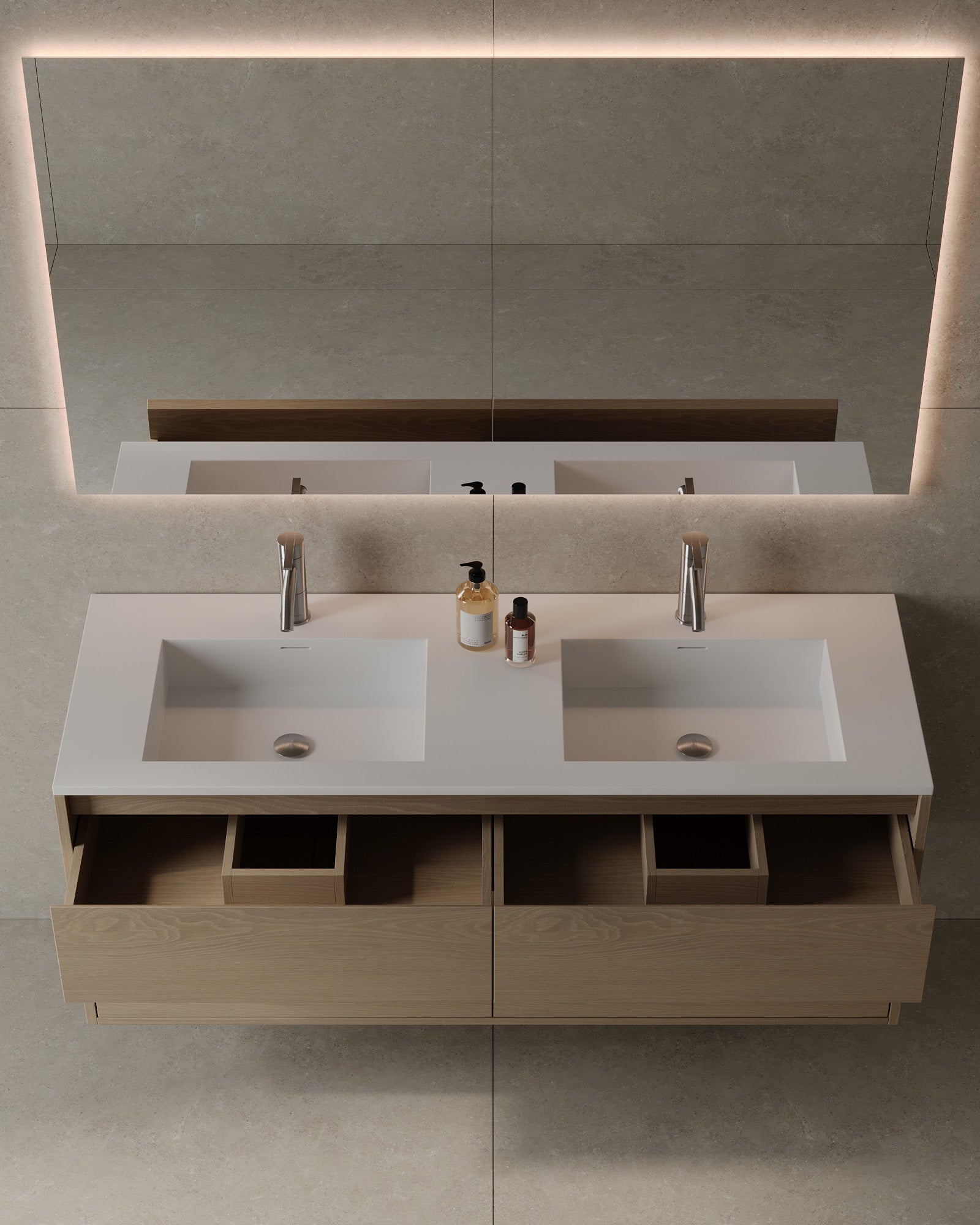 55" Double Sink Wall-Mounted Wood Veneer Vanity With Solid Surface Basin