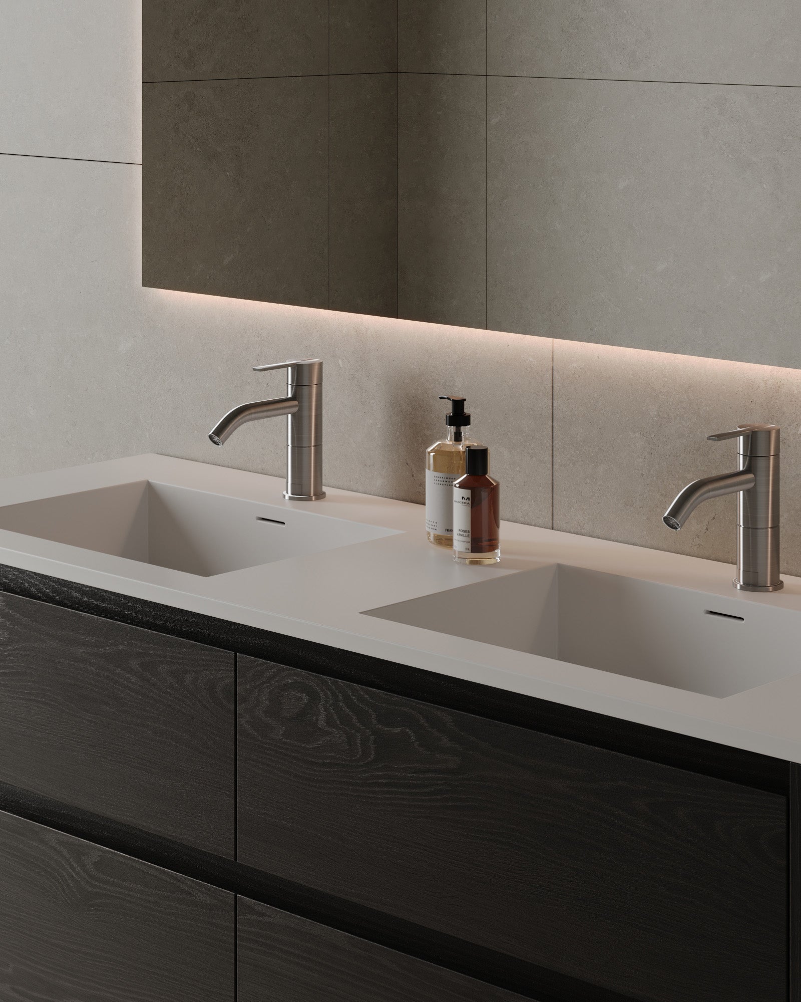 55" Double Sink Wall-Mounted Wood Veneer Vanity With Solid Surface Basin