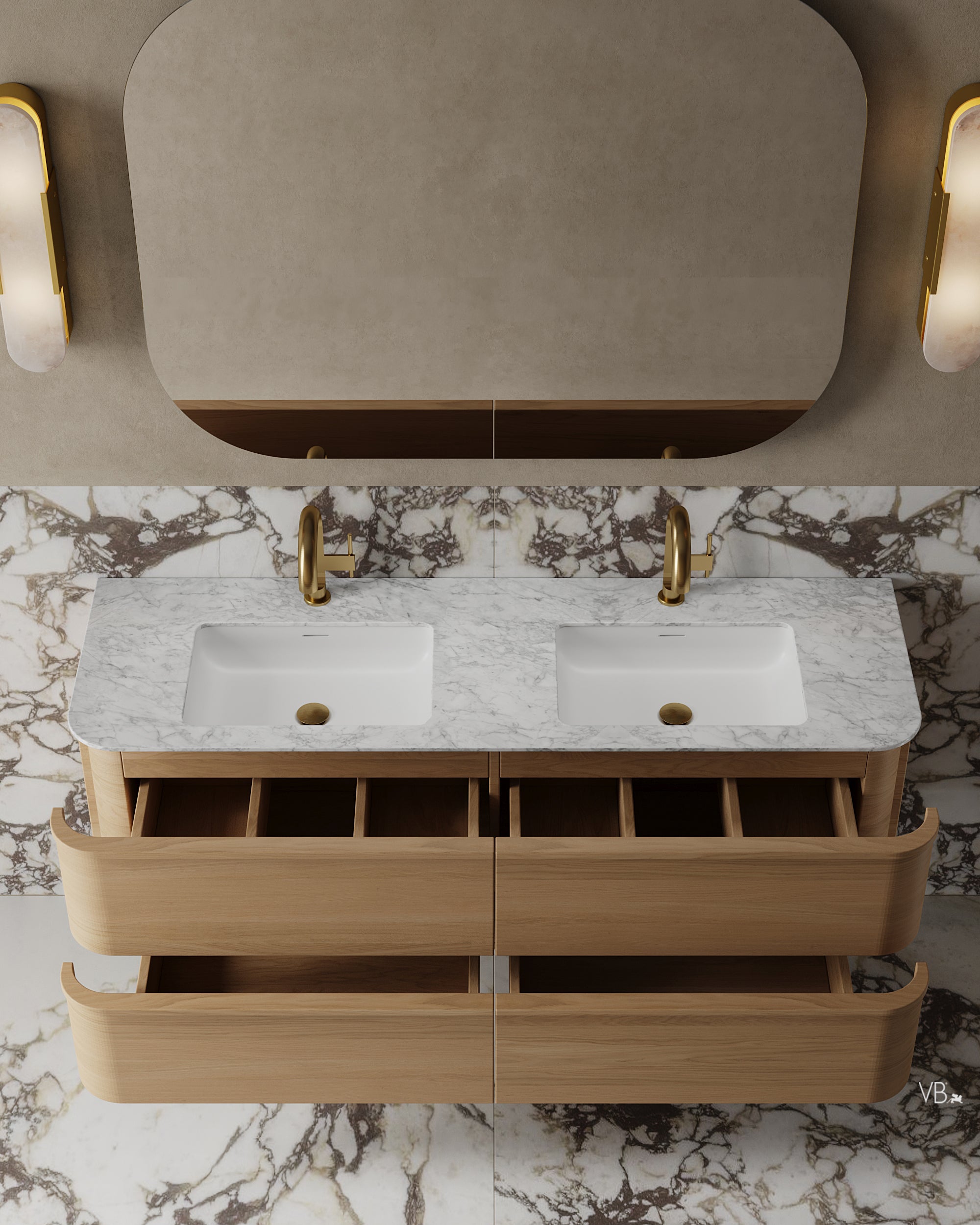 59" Wall-Mounted Wood Veneer Curved Vanity