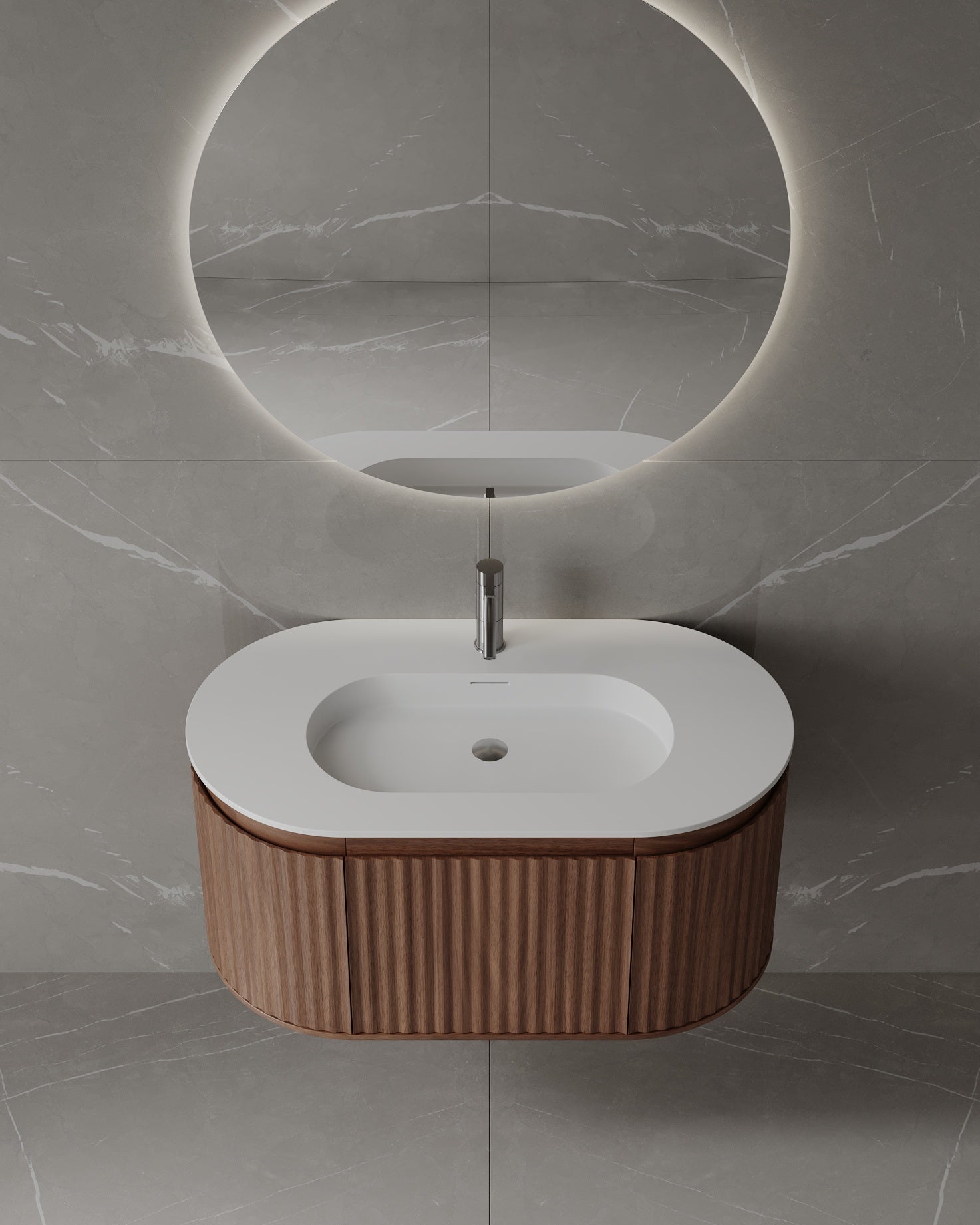 39" Wall-Mounted Fluted Walnut Wood Veneer Vanity