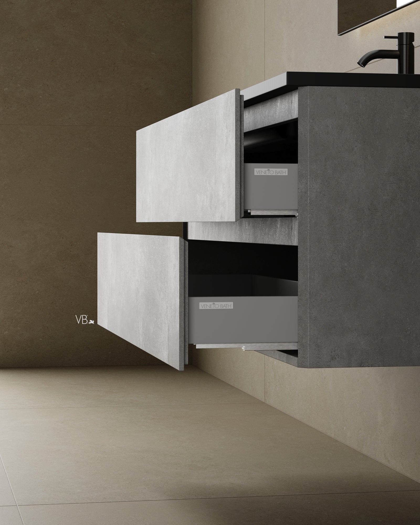 47" Wall Mounted Vanity With Black Countertop & Sink