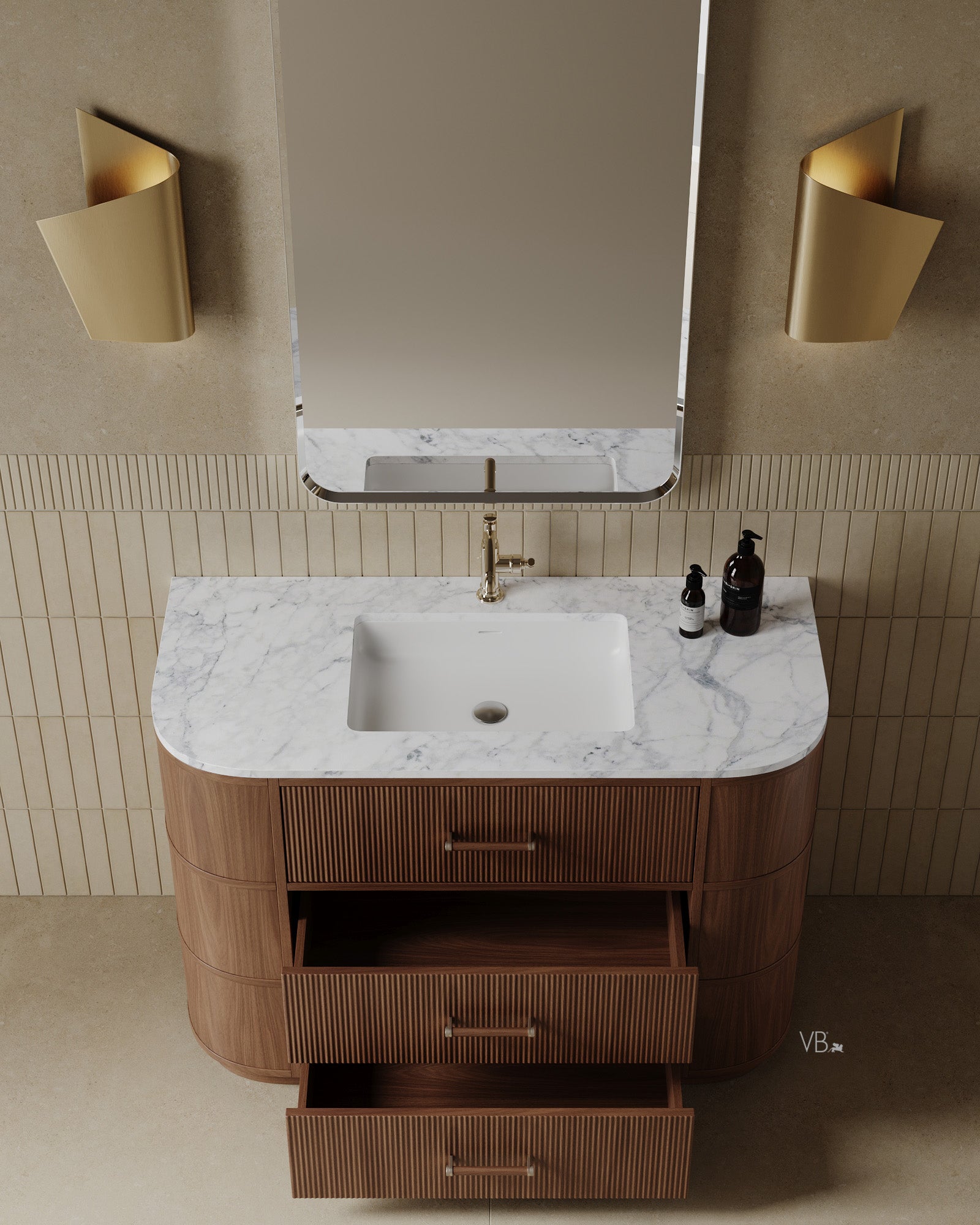 47" Freestanding Wood Veneer Vanity With Marble Countertop