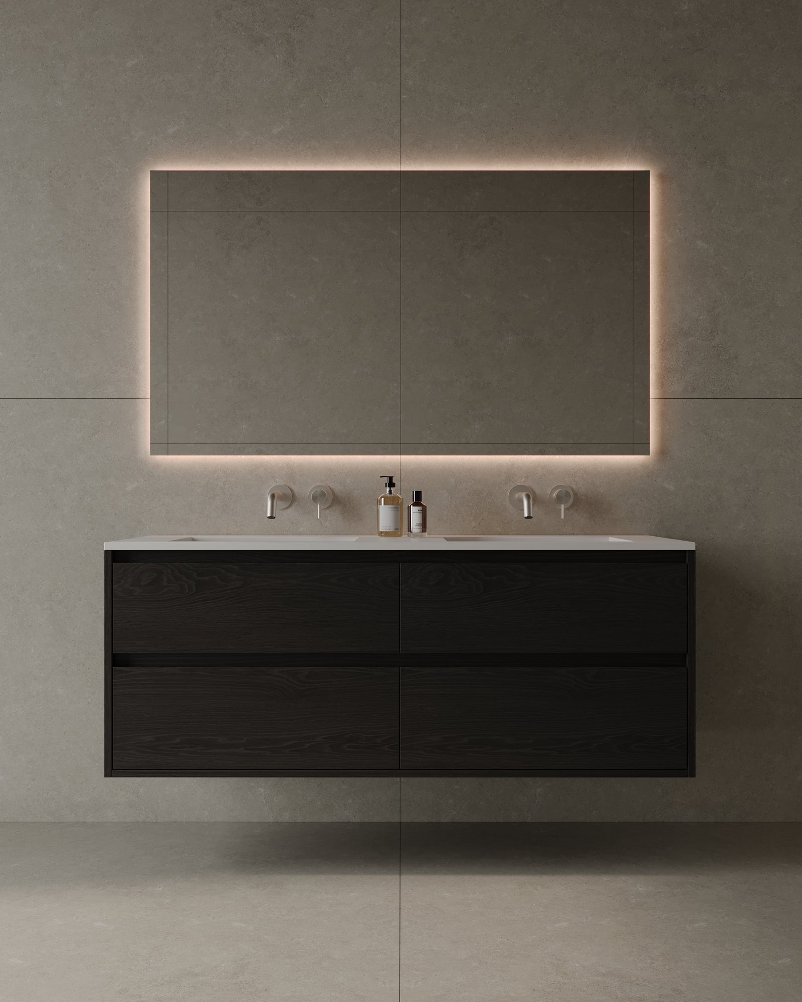 Meuble-lavabo mural double de 55 po en placage de bois avec vasque en surface solide