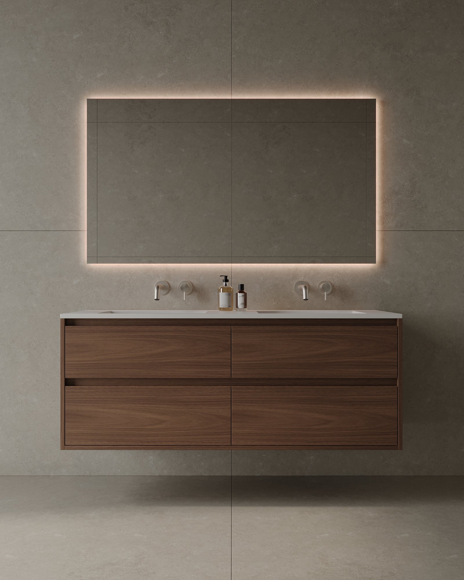 Meuble-lavabo mural double de 55 po en placage de bois avec vasque en surface solide