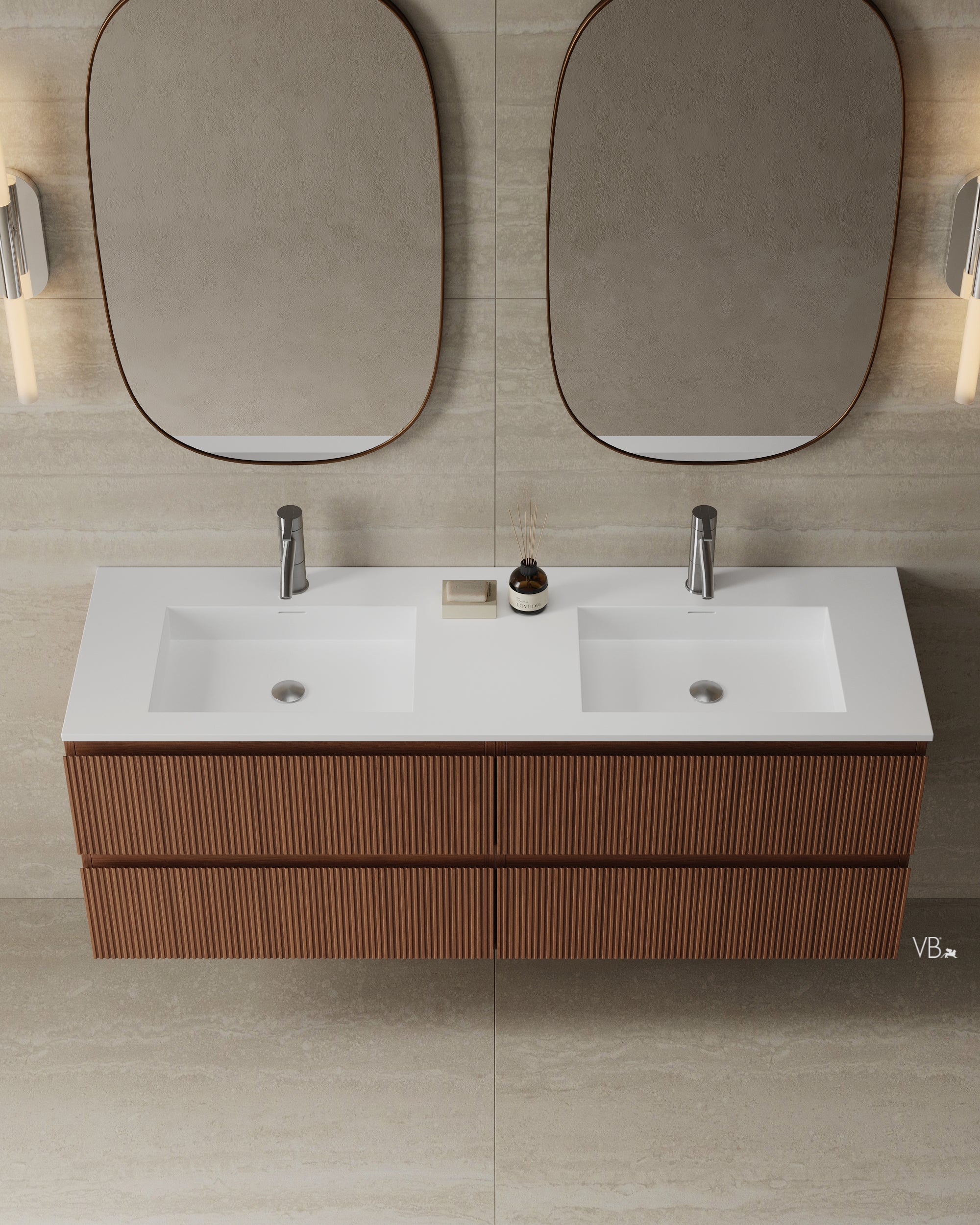 59" Wall-Mounted Wood Veneer Vanity With Solid Surface Basin