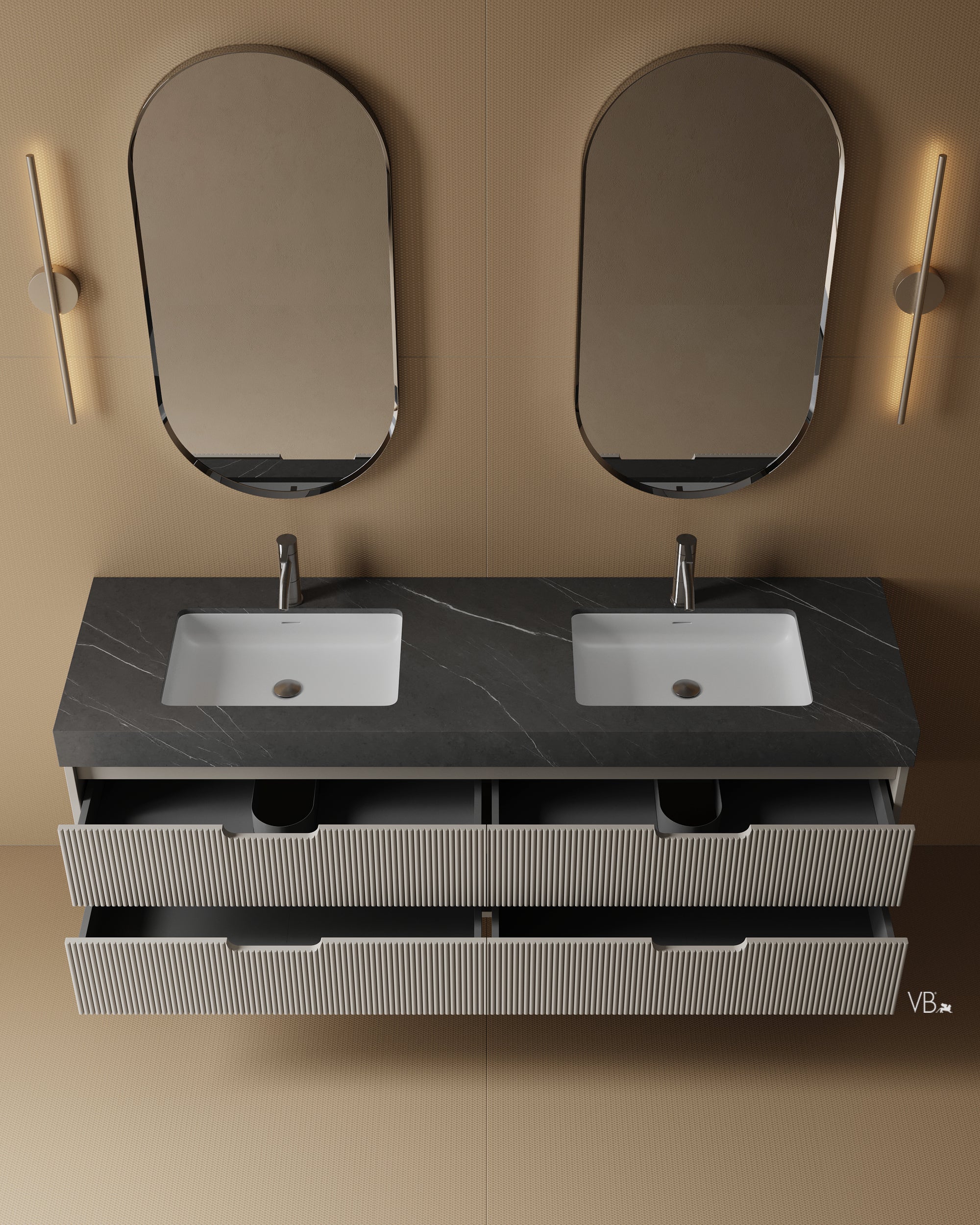 72" Wall-Mounted MDF Fluted Vanity With Porcelain Countertop