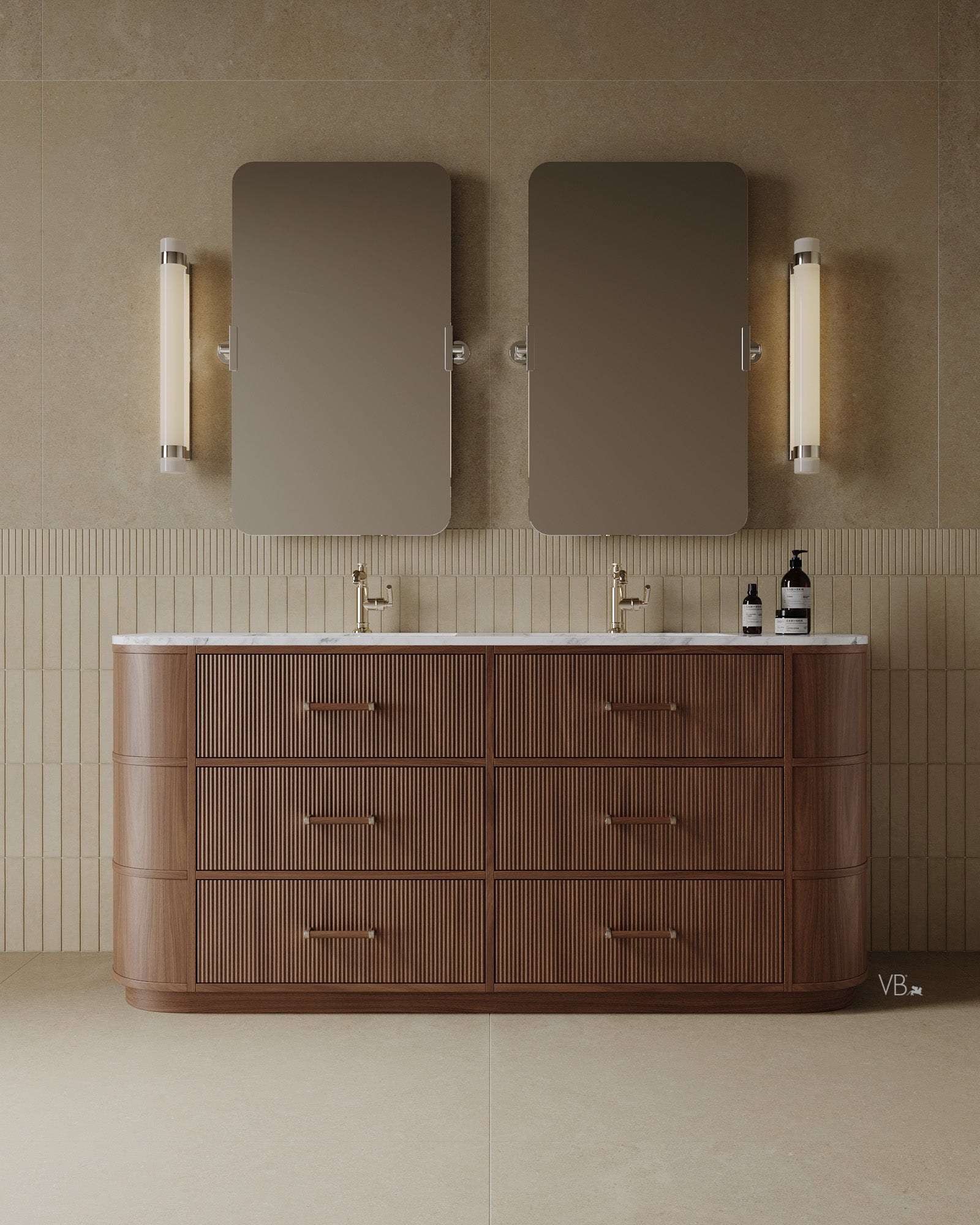 72" Freestanding Wood Veneer Vanity With Marble Countertop