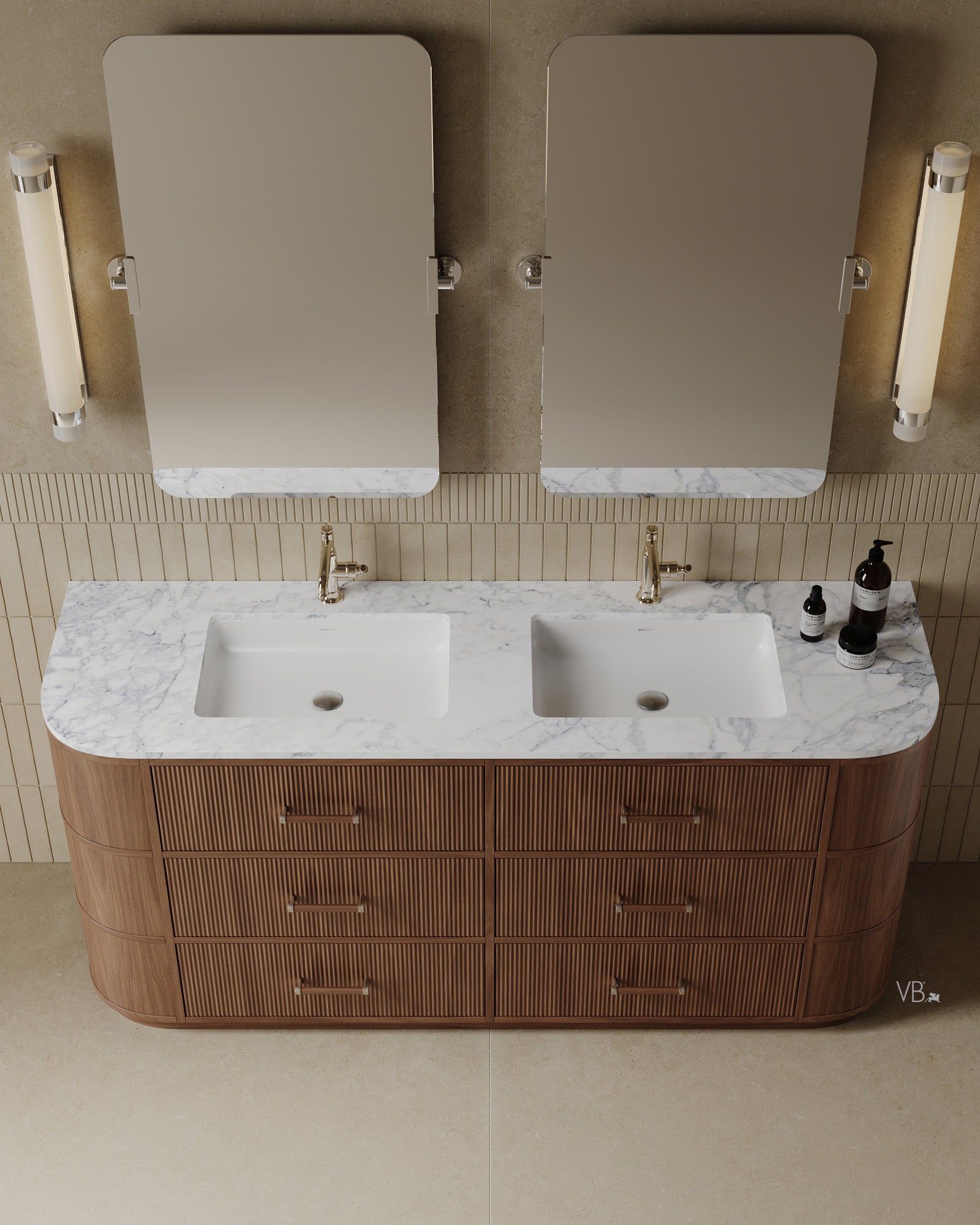 72" Freestanding Wood Veneer Vanity With Marble Countertop