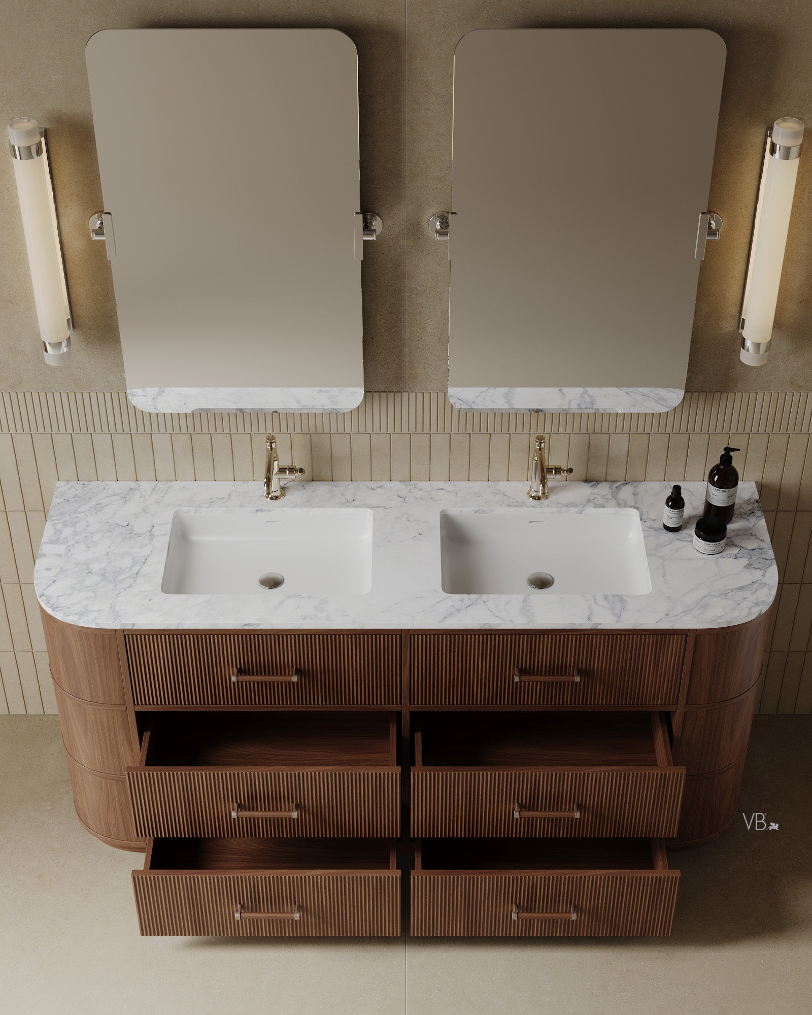 72" Freestanding Wood Veneer Vanity With Marble Countertop