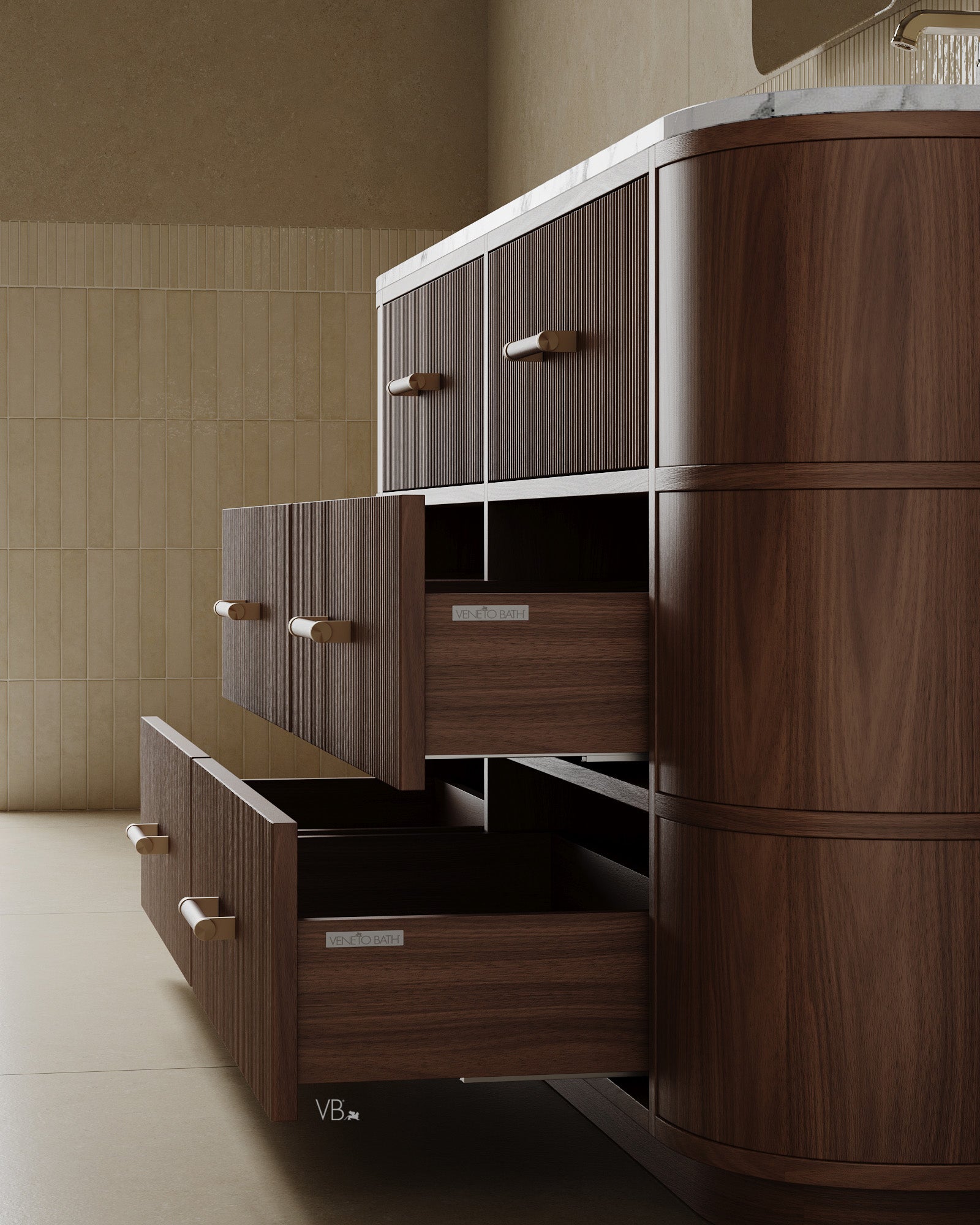 72" Freestanding Wood Veneer Vanity With Marble Countertop