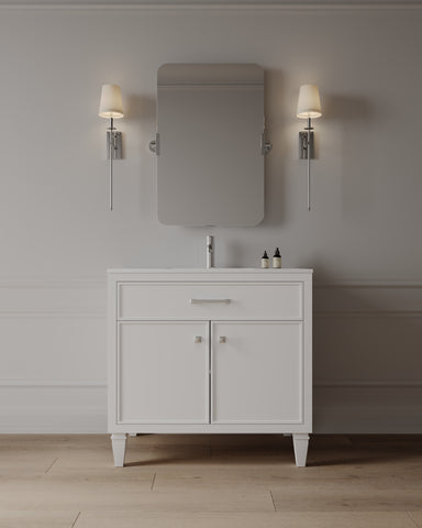 Meuble-lavabo de salle de bain de style shaker transitionnel de 36 po avec comptoir en quartz