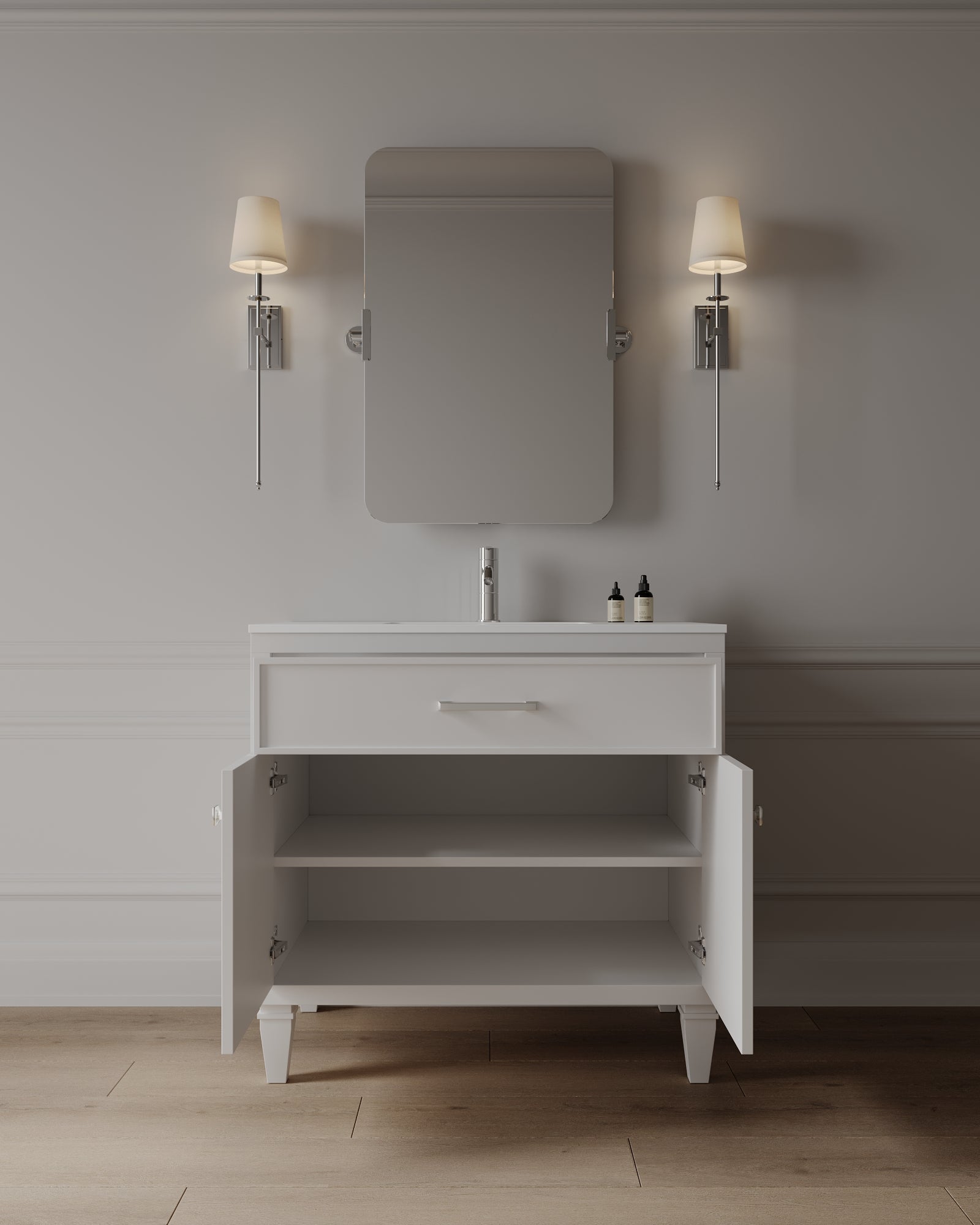 Meuble-lavabo de salle de bain de style shaker transitionnel de 36 po avec comptoir en quartz